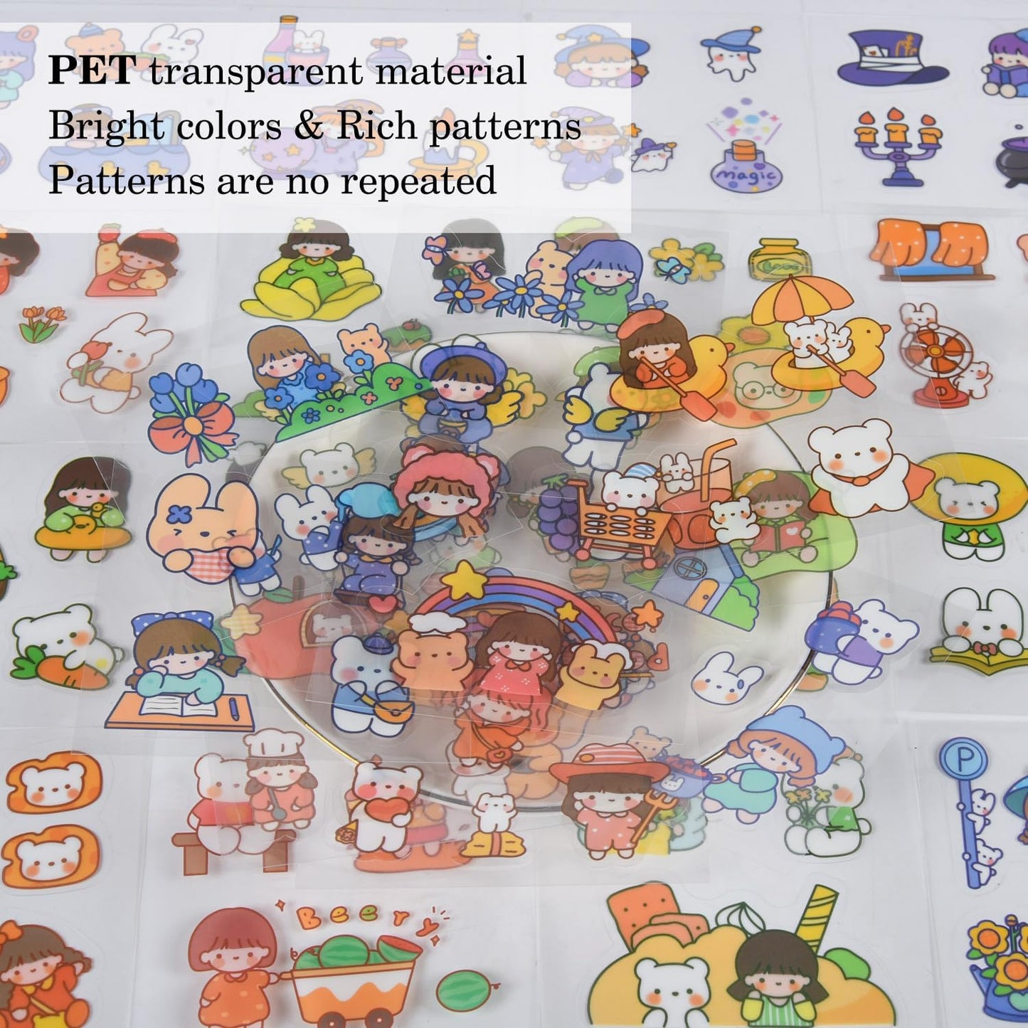 Kawaii Cute Cartoon Bear Stickers - 100 Sheets Bunny Transparent PET Journaling Supplies Calendar Decals Sticker for Scrapbook Collage Planners Arts Crafts Water Bottle Phone Case Kids DIY