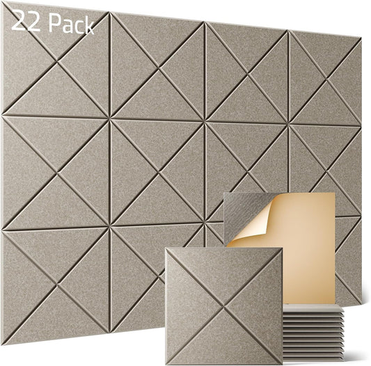 Sonicism 22 Pack X-Lined Acoustic Panels with Self-Adhesive, 12"X 12"X 0.4" Sound Proof Foam Panels, Decorative Soundproof Wall Panels, Sound Absorbing Tile for Home & Offices, Camel