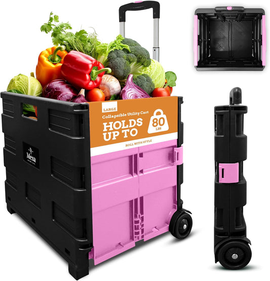 Inspired Living Ultra-Slim Rolling Collapsible Storage Pack-N-Roll Utility-carts, with Telescopic Handle, for Home, Garden, Shopping, Office, School use, Large, Pink & Black