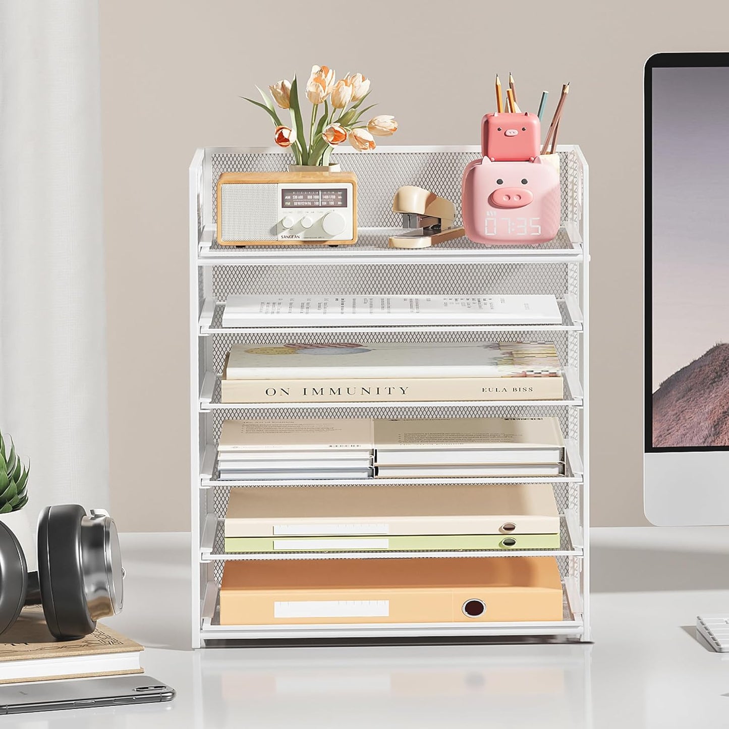 Subekyu 6 Tier Paper Organizer for Desk with Handle, Metal Mesh Desk Office File Folder Paper Letter Tray Accessories Organizer Sorter for Home, School, Office Desktop Document Organization - White
