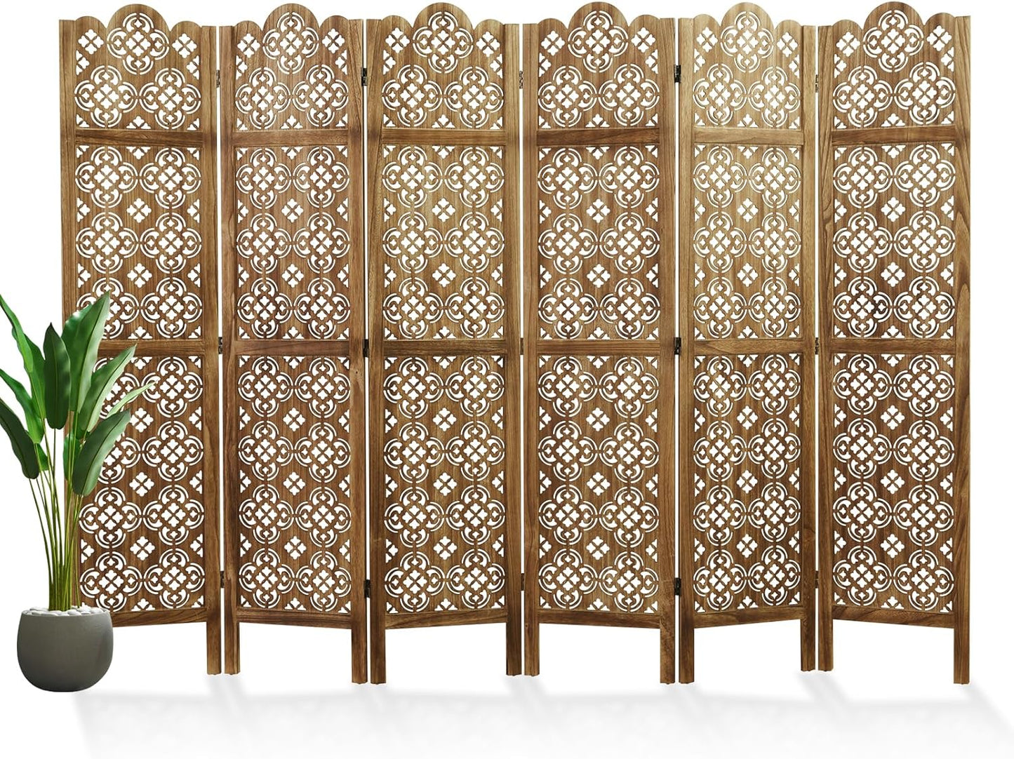 68.9Inch Folding Room Divider, 6 Panels Wood Carved Privacy Screens, Free Assembled Privacy Screen Decorative Partition for Home Office Restaurant (Dark Brown)