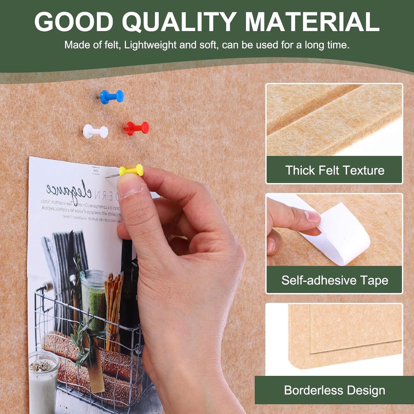 YOKIVE Felt Bulletin Board, 48 x 48 -Inch Foldable Decorative Pin Board Self Adhesive Felt Cork Board with 20 Pushpins, Great for Wall, Photo Display, Paste Note, Schedule(Beige Brown)