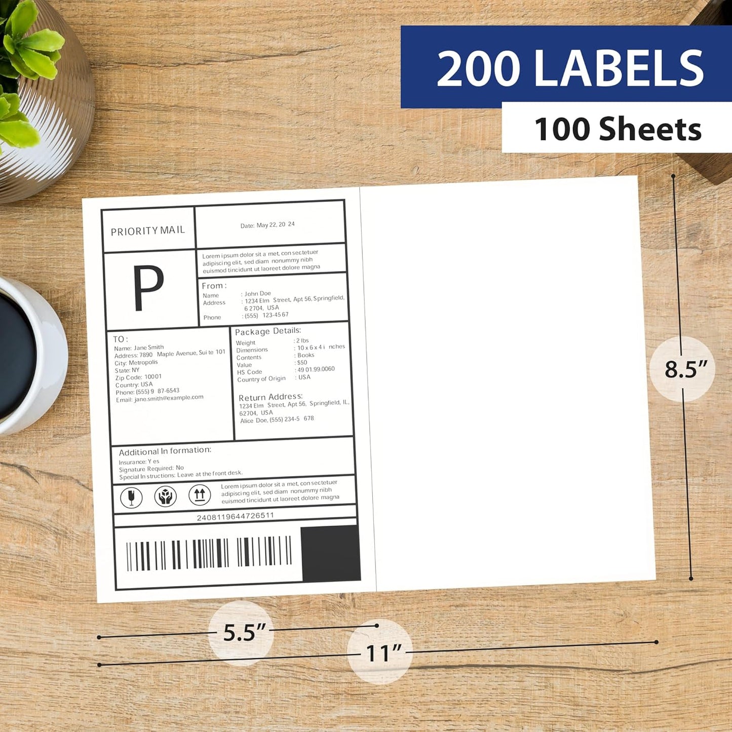 100 Sheet (200 Labels) | 8.5" x 11" 2 UP Half Sheet Self Adhesive Shipping Labels for Laser & Inkjet Printers | Ecommerce, Address, Mailing, Labeling, Packaging
