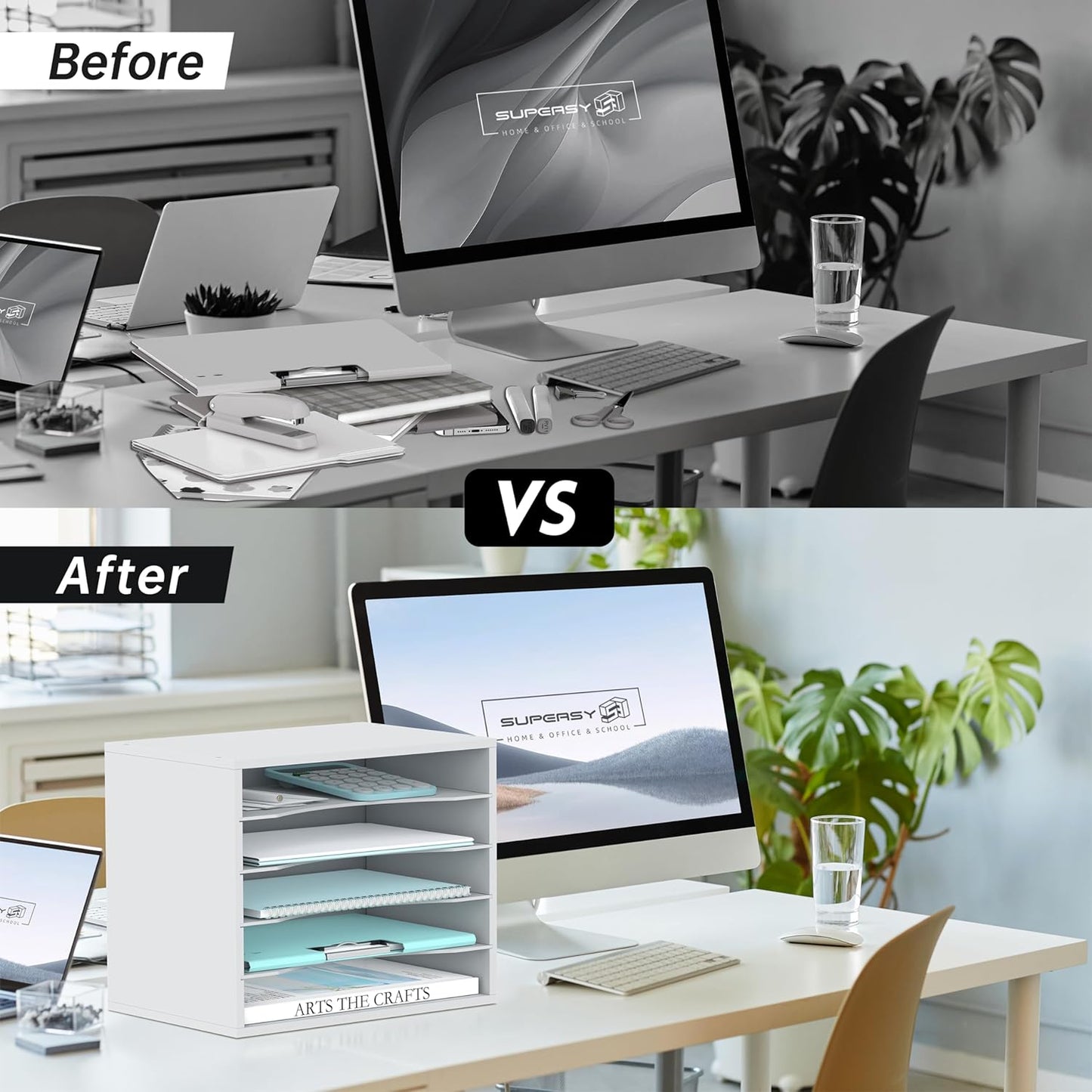 SUPEASY Wood Desk Organizer, 5 Tier Paper File Organizer for Desk, Wooden Desktop Organizer, Paper Letter Literature Mail Sorter, for Office School & Home Organization, White