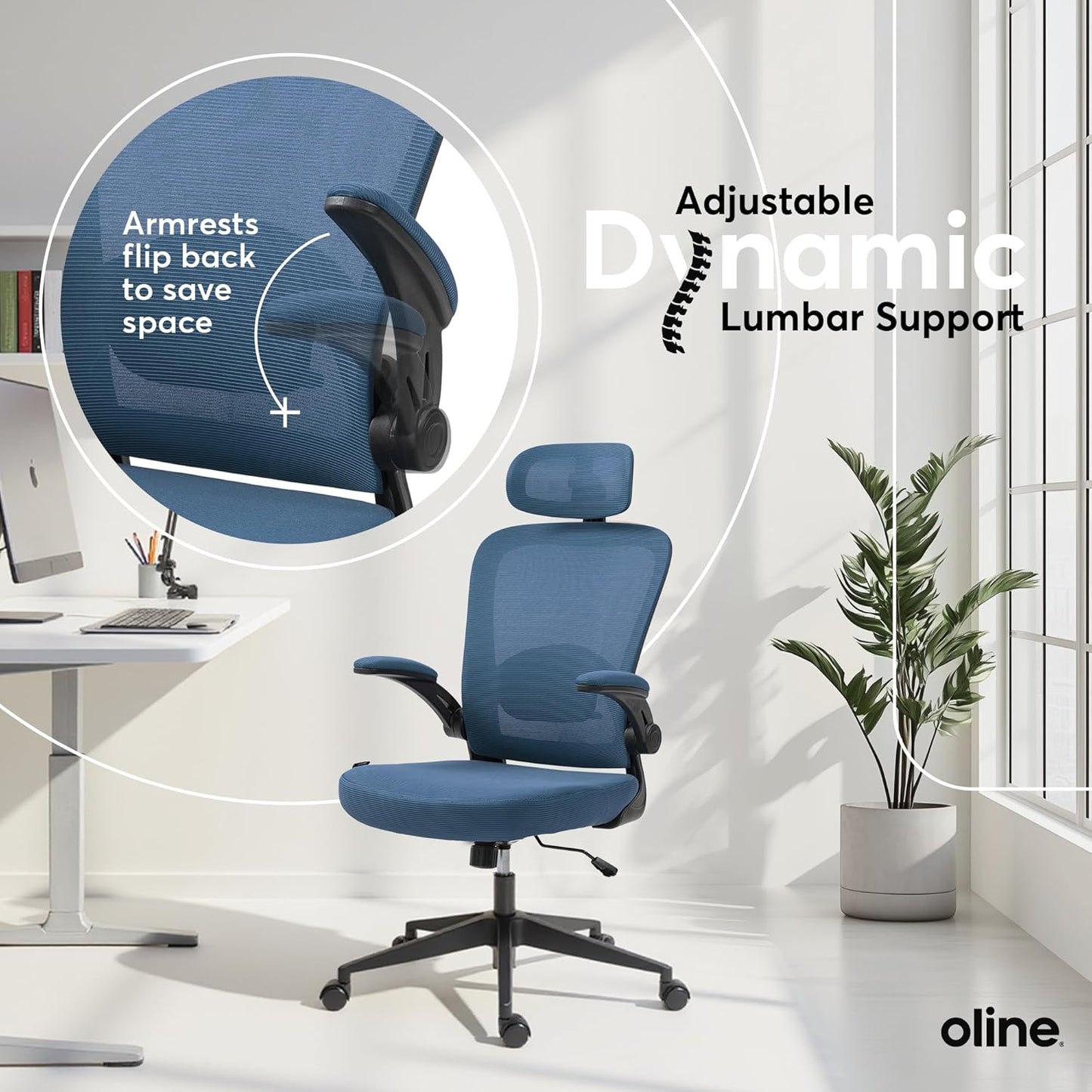 Oline ErgoAir Ergonomic Office Chair – Adjustable Lumbar Support, Flip-Up Armrests, Mesh Computer Desk Chair, Swivel Rolling Executive Gaming Chair for Home & Office (Navy Blue)