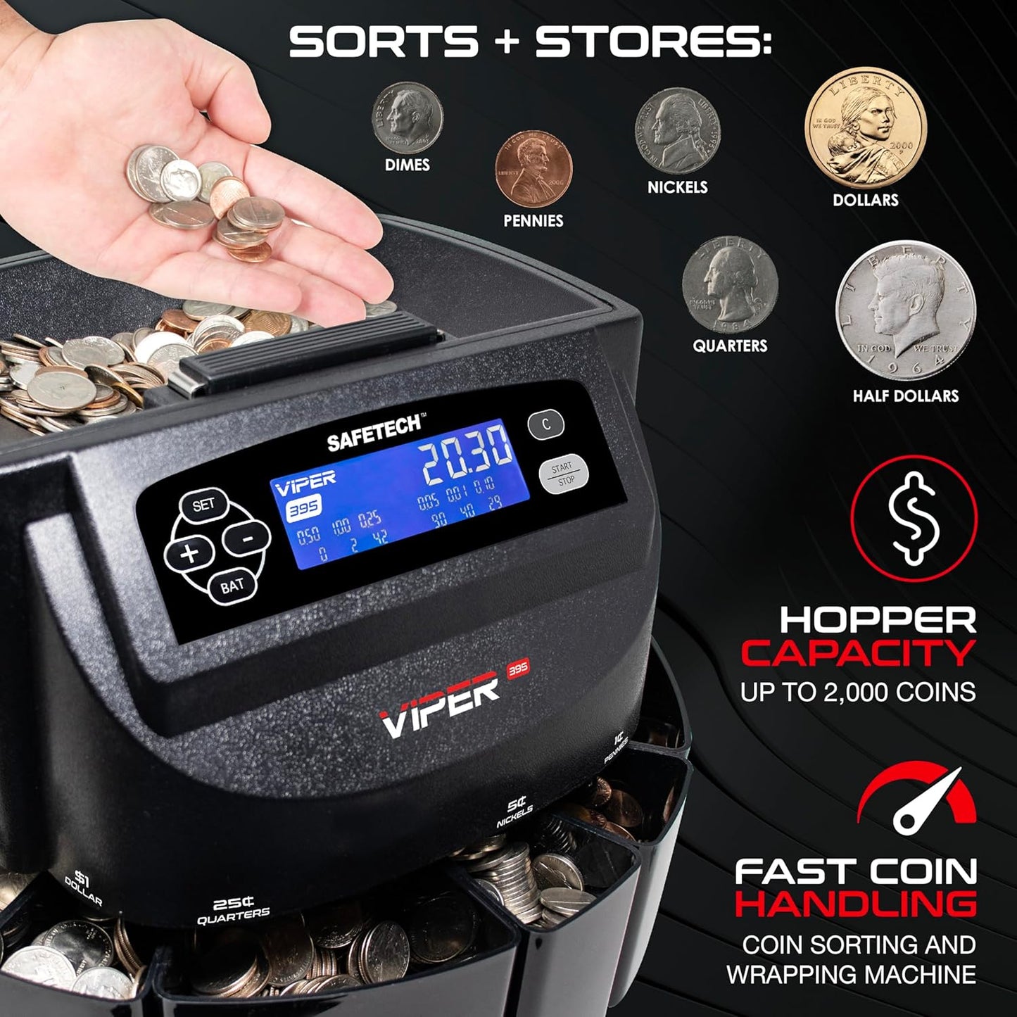 Safetech Viper V395 Coin Counter, Sorter, and Wrapper, Sorts All US Coins Including Half Dollars