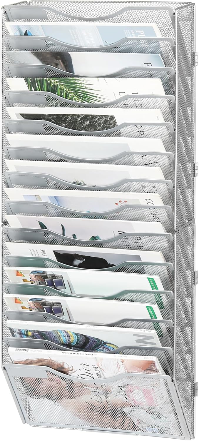 14-Pocket Wall File Organizer, Hanging Mail Organizer Wall Mounted Paper Document Holder, Metal Clipboard Storage Basket for Office Home School Organization, Silver