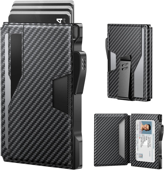 typecase Wallet for Men: Rfid-blocking with Money Clip Slim Leather Bifold ID Window Smart Pop Up Card Case Front Pocket Wallet with Gift Box (Carbon Fiber Black)