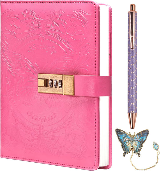 TIEFOSSI Diary with Lock for Women Girls, Lined Locked Journal, Butterfly Journal Notebook with Pen and Bookmark, A5 Refillable Locking Journals for Writing, 224 Numbered Pages