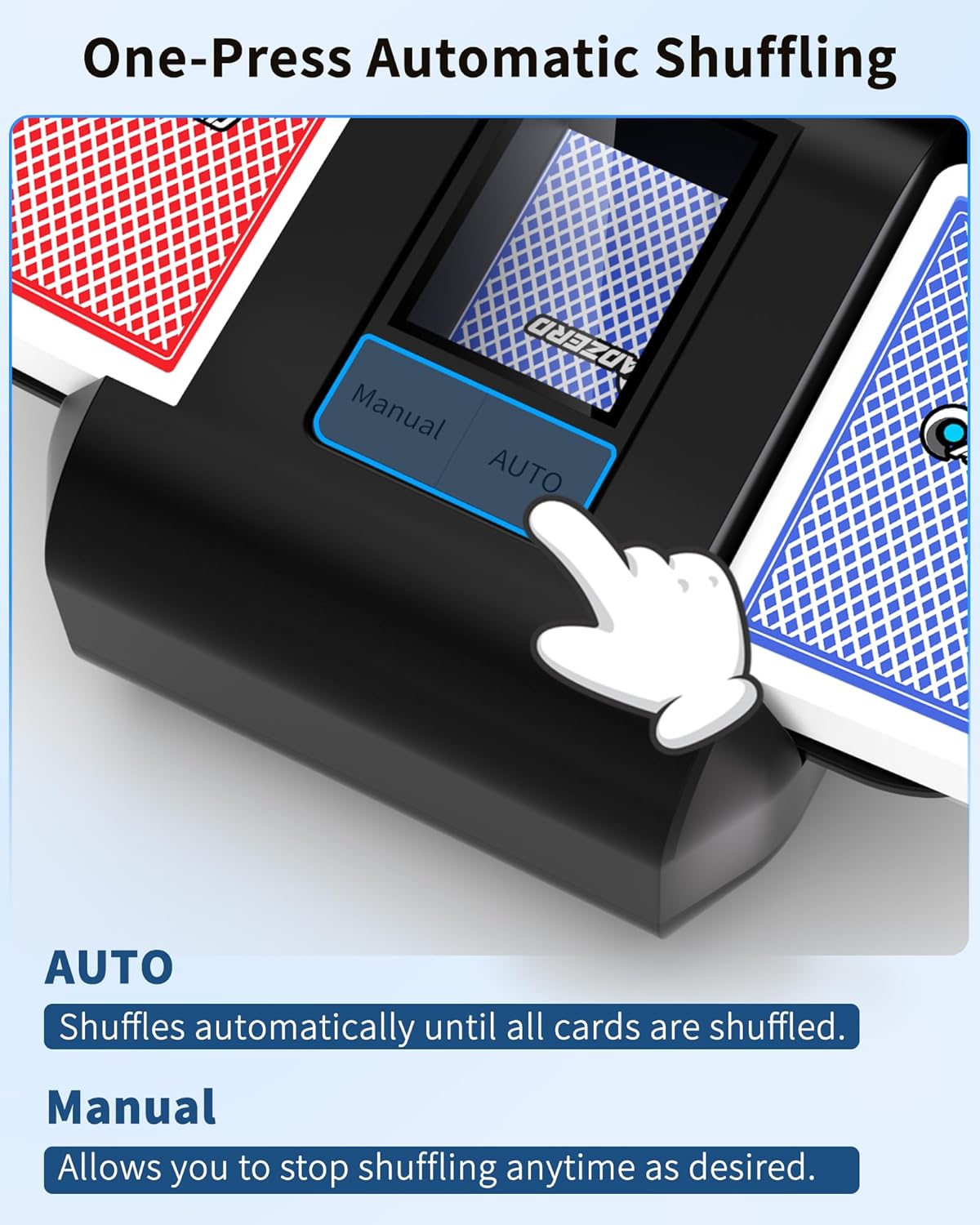 ADZERD Automatic Card Shuffler for 1-2 Decks with Dual Auto/Manual Modes, USB-C Rechargeable, Quiet Operation, Compatible with UNO, Poker, Mahjong, Bridge, Rummy, Skip-Bo, Phase 10 & More