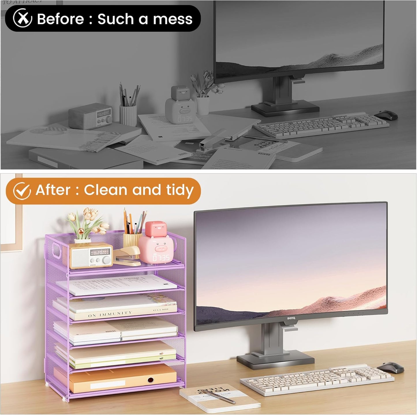 Subekyu 6 Tier Paper File Tray Organizer for Desk, Purple Mesh Desk Letter Paper File Folder Accessories Sorter Organizer with Handle, Stackable Slide Tray for Office, Home or School Supplies Storage