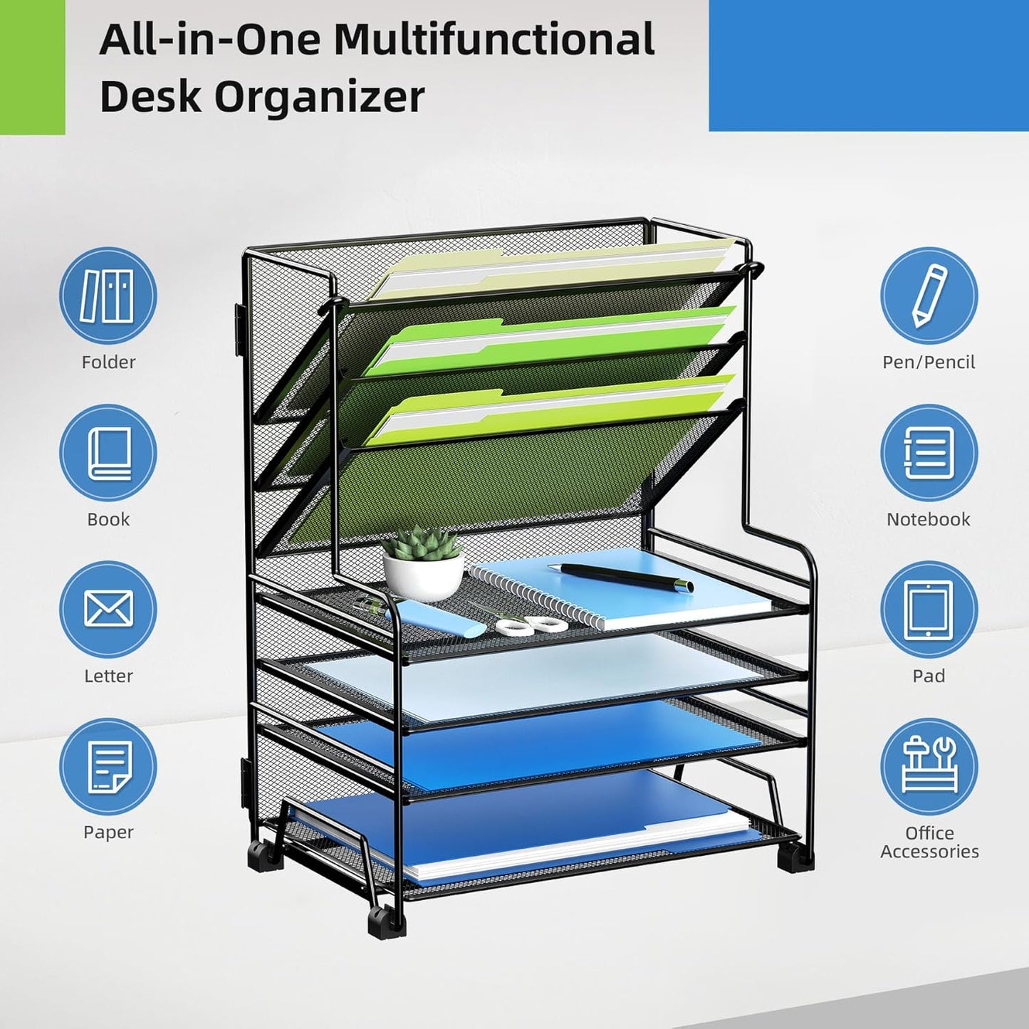 4-Tier Paper Organizer + 3-Pocket File Holder + Drawer + Pen Holders, Desktop File Organizers Paper Tray for Office Supplies School Classroom Organization (Black, No Drawer & Pen Holder)