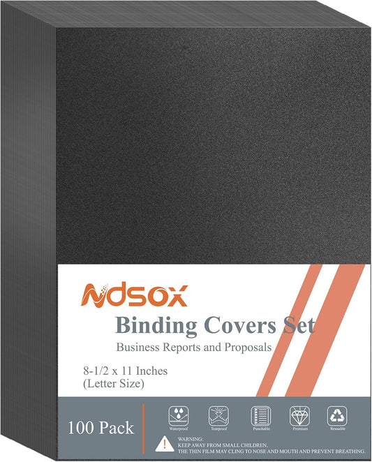 Ndsox 100 Pack 12 Mil Binding Presentation Covers Sand-Textured Polycover Report Covers for Letter Size Document Binding, Business Proposals, 8-1/2 x 11 Inches, Un-Punched, Square Corners, Black