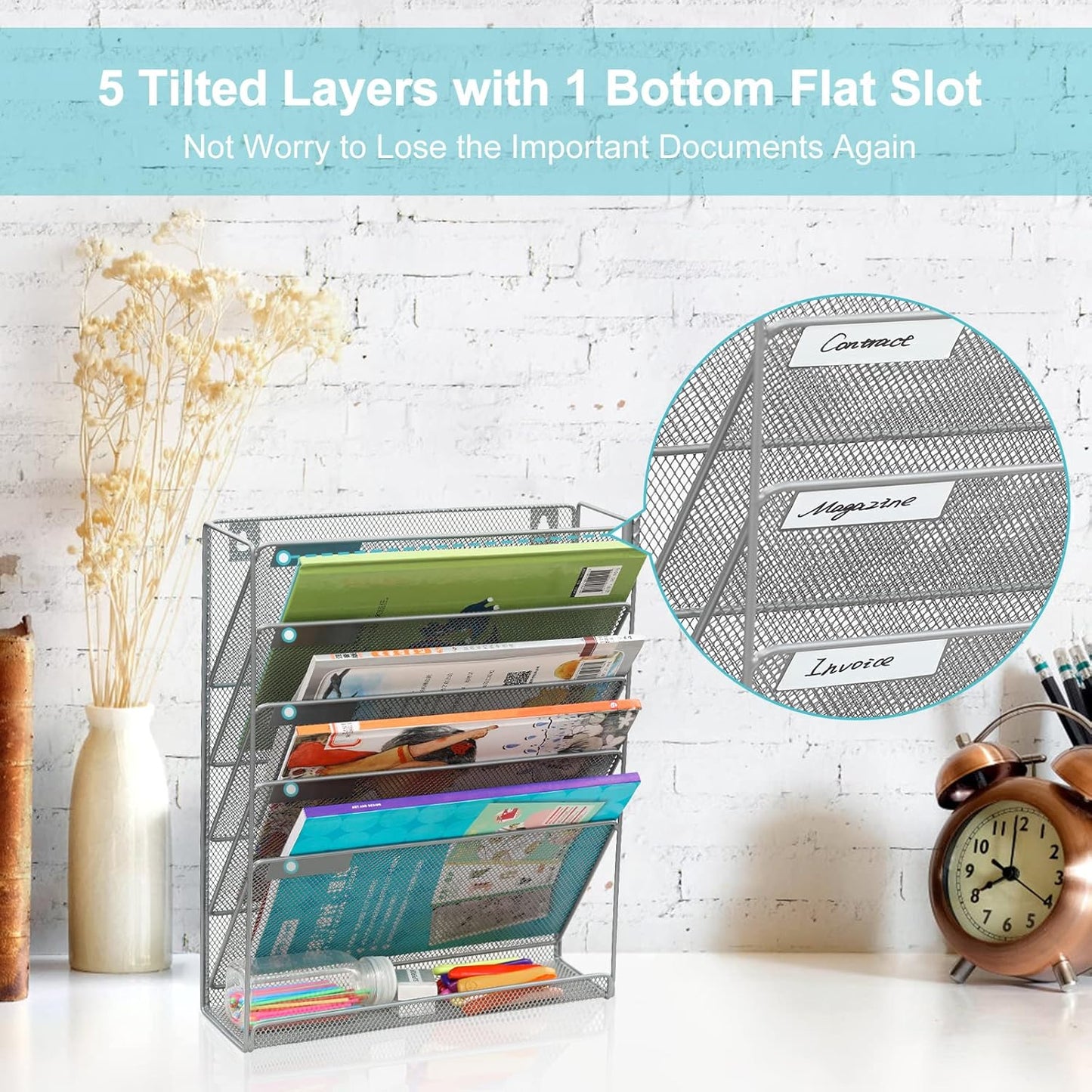 EasyPAG Wall File Organizer 5 Tier Vertical Hanging File Organizer Wall Mounted File Holder Paper Folder Rack with Bottom Flat Tray for Office and Home,Sliver