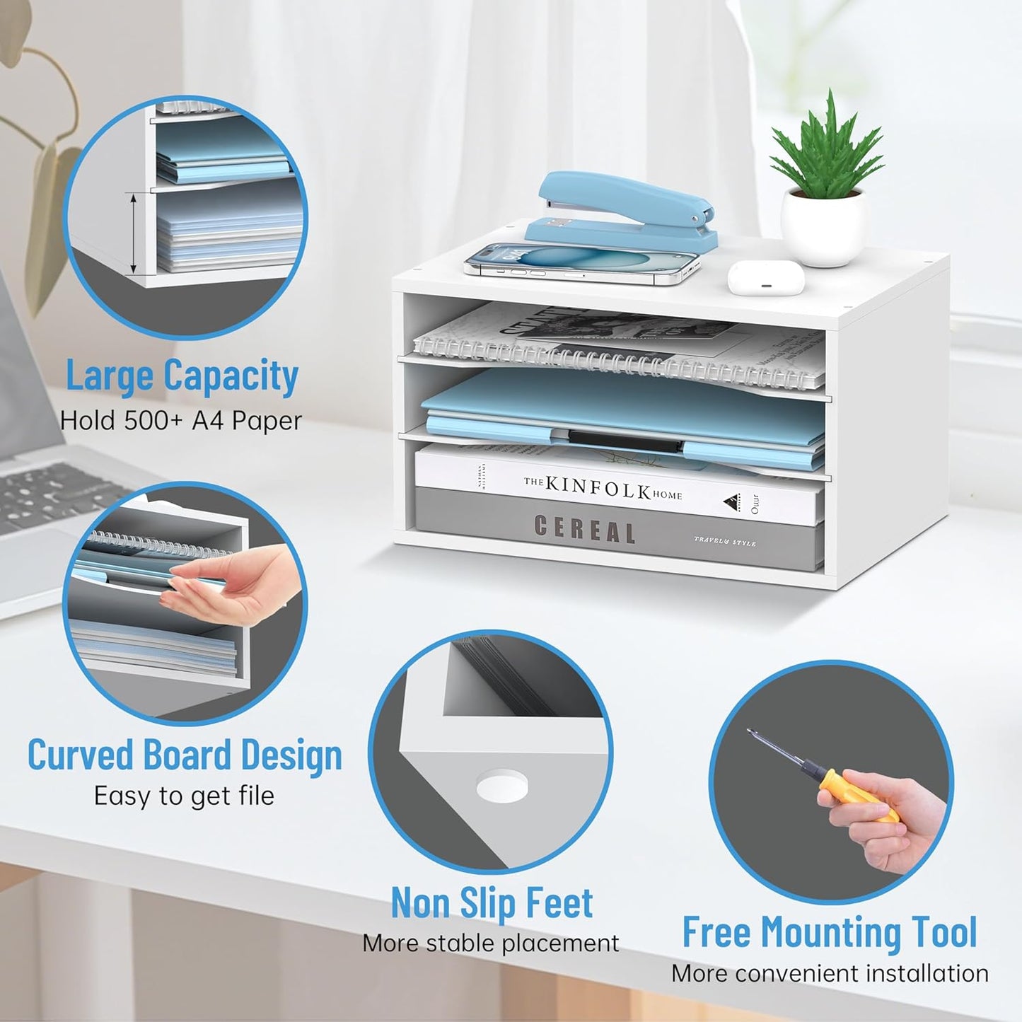 Wood Desk Organizer, 3 Tier Paper Tray Organizer for Desk with Adjustable Storage Shelves, Desktop Paper Sorter Mail Holder for Office Home Classroom, White