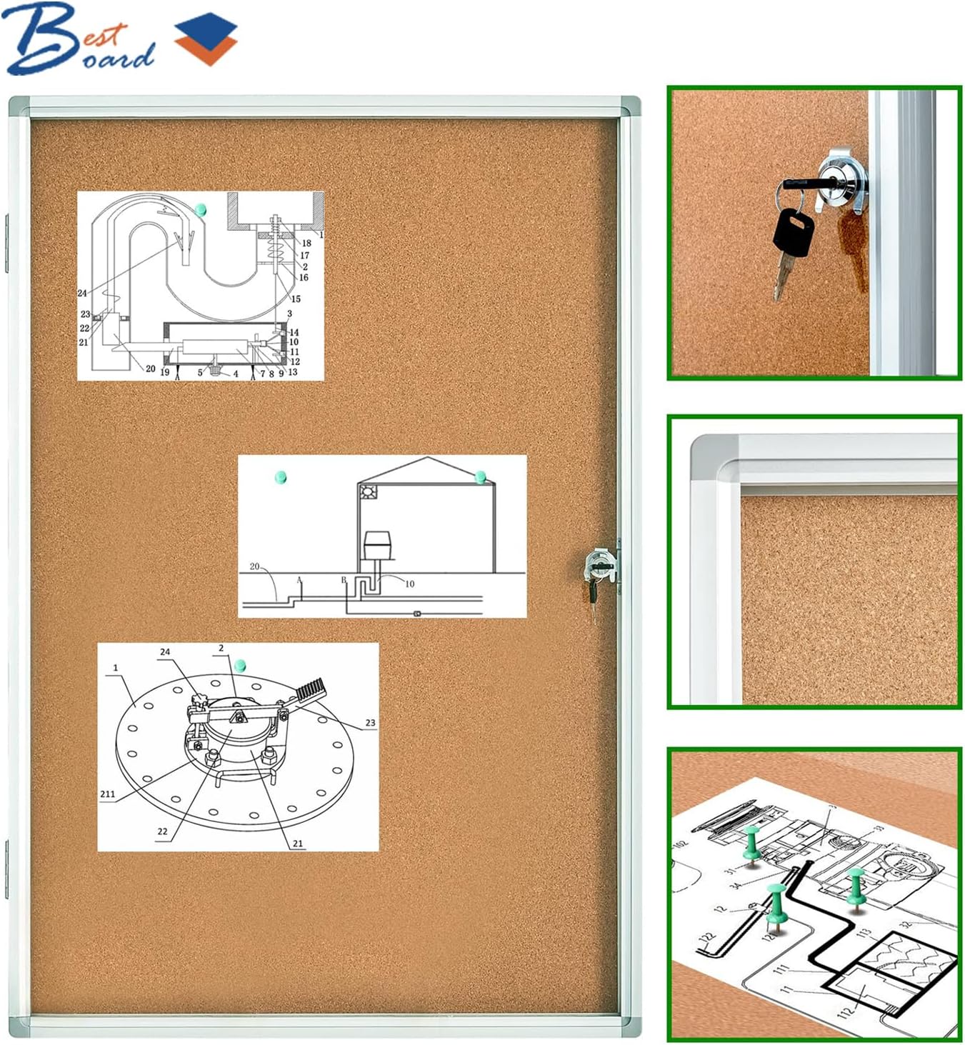 Pinboard Enclosed Bulletin Board 36 x 24 Inch Lockable Cork Noticeboard for School Office, Wall Display Case with Lock (Cork Board)
