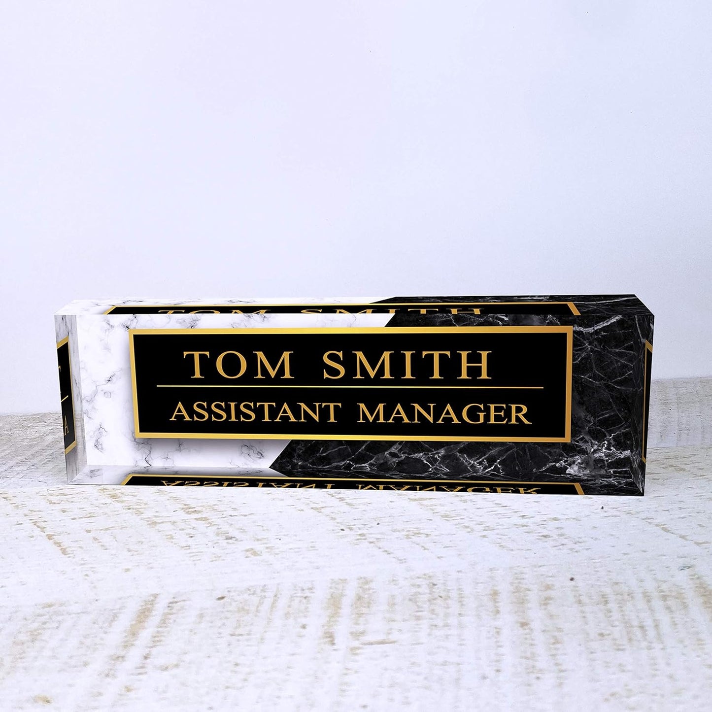Artblox Office Desk Name Plate Personalized | Black & White Marble Design Printed On Clear Acrylic Glass | Custom Name Plates for Desks | Office Desk Decor - (8" x 2.5")