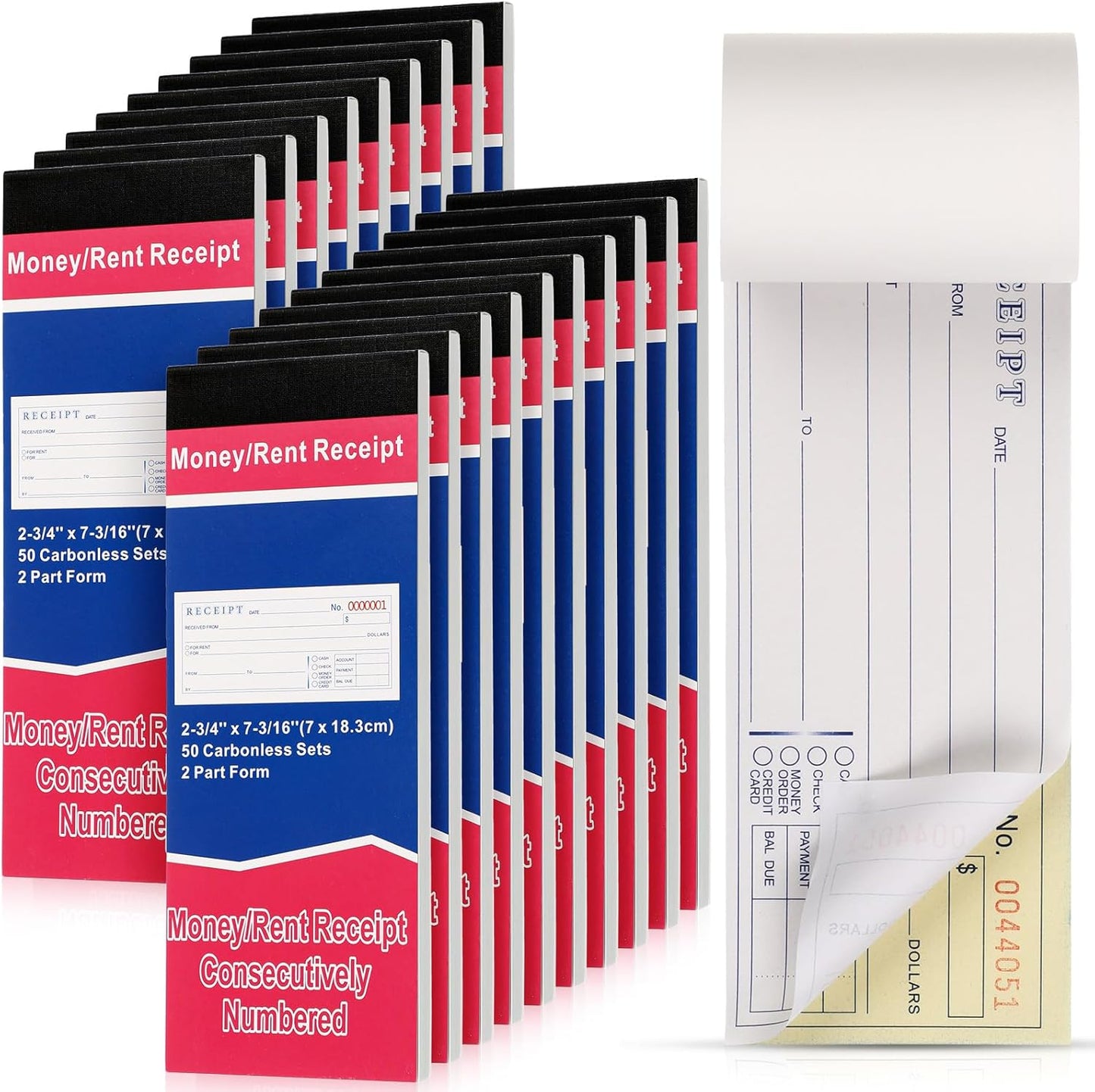 Crtiin 20 Pads Money and Rent Receipt Book 2.75 x 7.2 Inch Bound Cover 2 Part Carbonless Receipt Book with Carbonless Copies Receipt Log Book 50 Sets Per Book