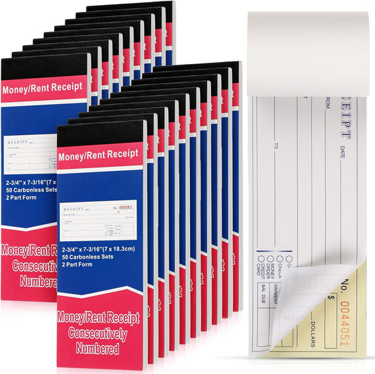 Crtiin 20 Pads Money and Rent Receipt Book 2.75 x 7.2 Inch Bound Cover 2 Part Carbonless Receipt Book with Carbonless Copies Receipt Log Book 50 Sets Per Book
