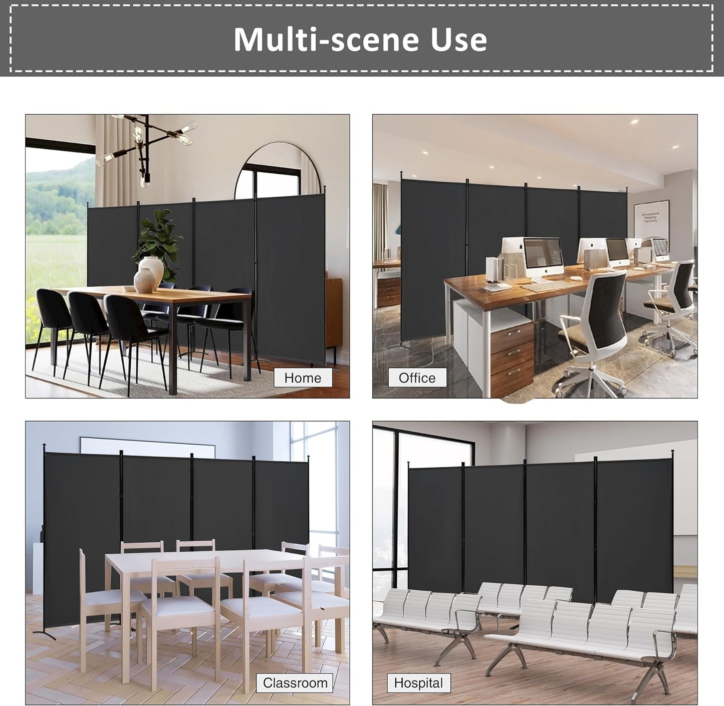 Spurgehom 4 Panel Room Divider Folding Privacy Screen, Freestanding Fabric Partition Portable Room Partition Wall Dividers for Home Office Room Restaurant, 136" W X 72" H (Black)