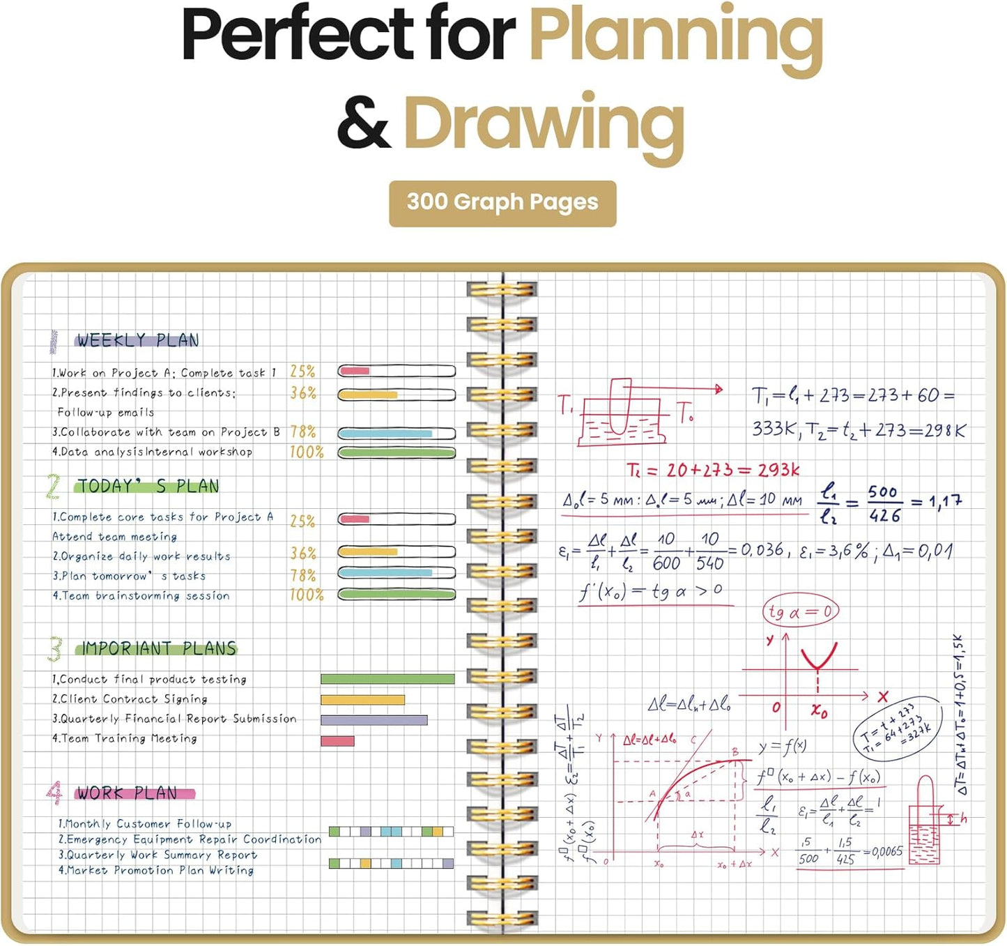 Spiral Graph Paper Notebook Journal for Work, 300 Pages, Thick B5 (7.1"x10") Grid Journals for Women & Writing, Hardcover Notebook for Note Taking, Perfect for Work School Note Taking Business, Grey Beige