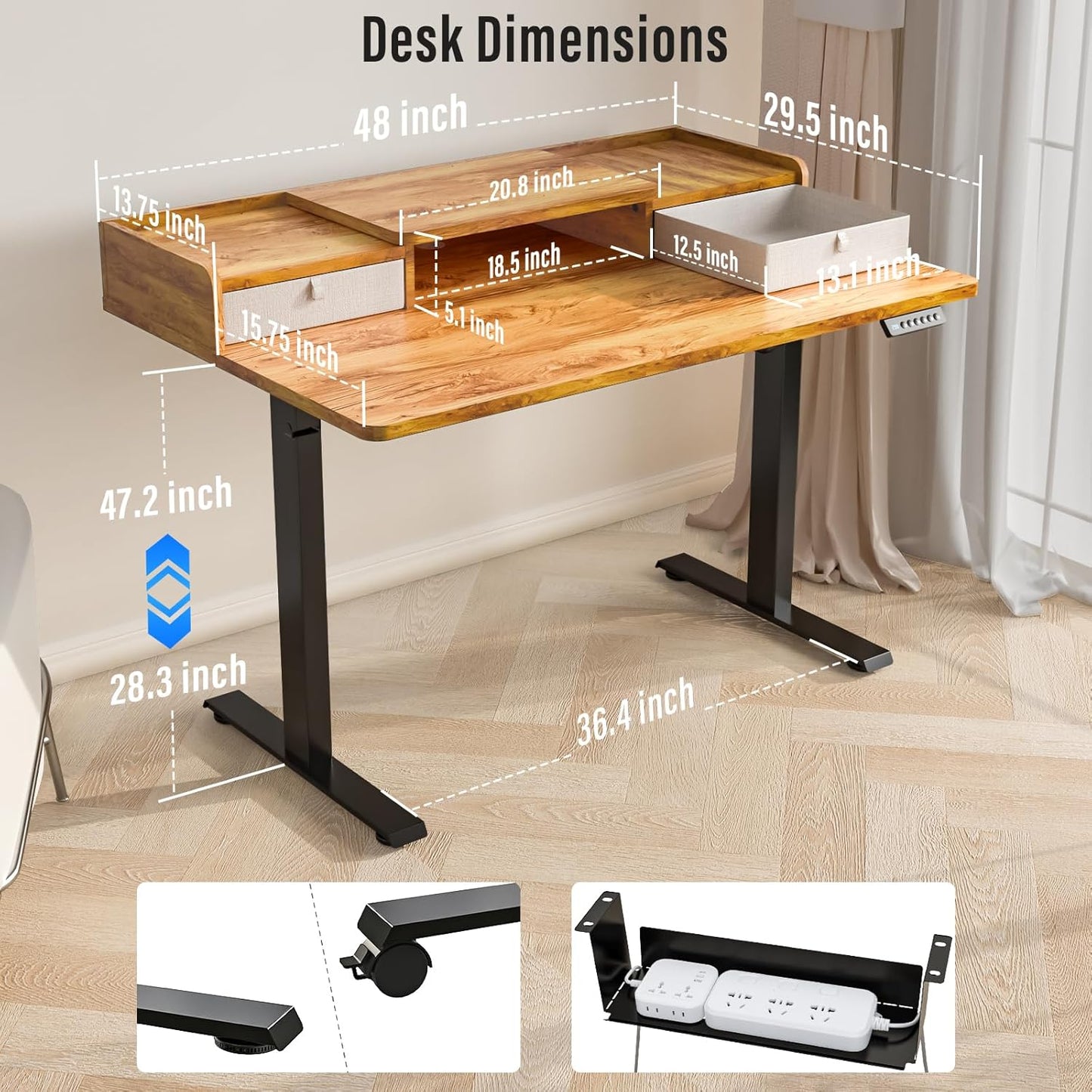 Standing Desk with Drawers,Thickened Table Legs Sit Stand Desk Electric for Home Office & Gaming,Ergonomic Stand Up Desk Cable Management Tray(Classic Black) (Light Rustic Brown, 48″ x 30″)