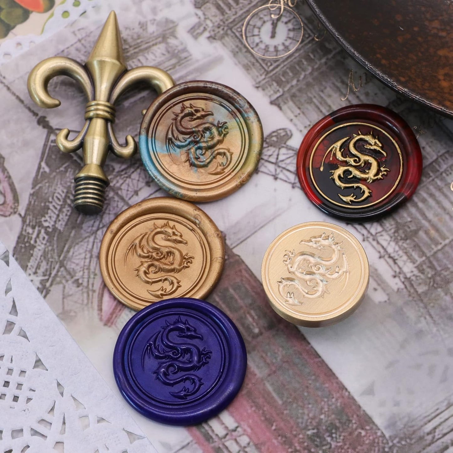 SWANGSA 3D Dragon Wax Seal Stamp, Vintage Electroplated Bronze Flower Handle Sealing Stamp for Wedding Party Invitations Gift Idea Decoration