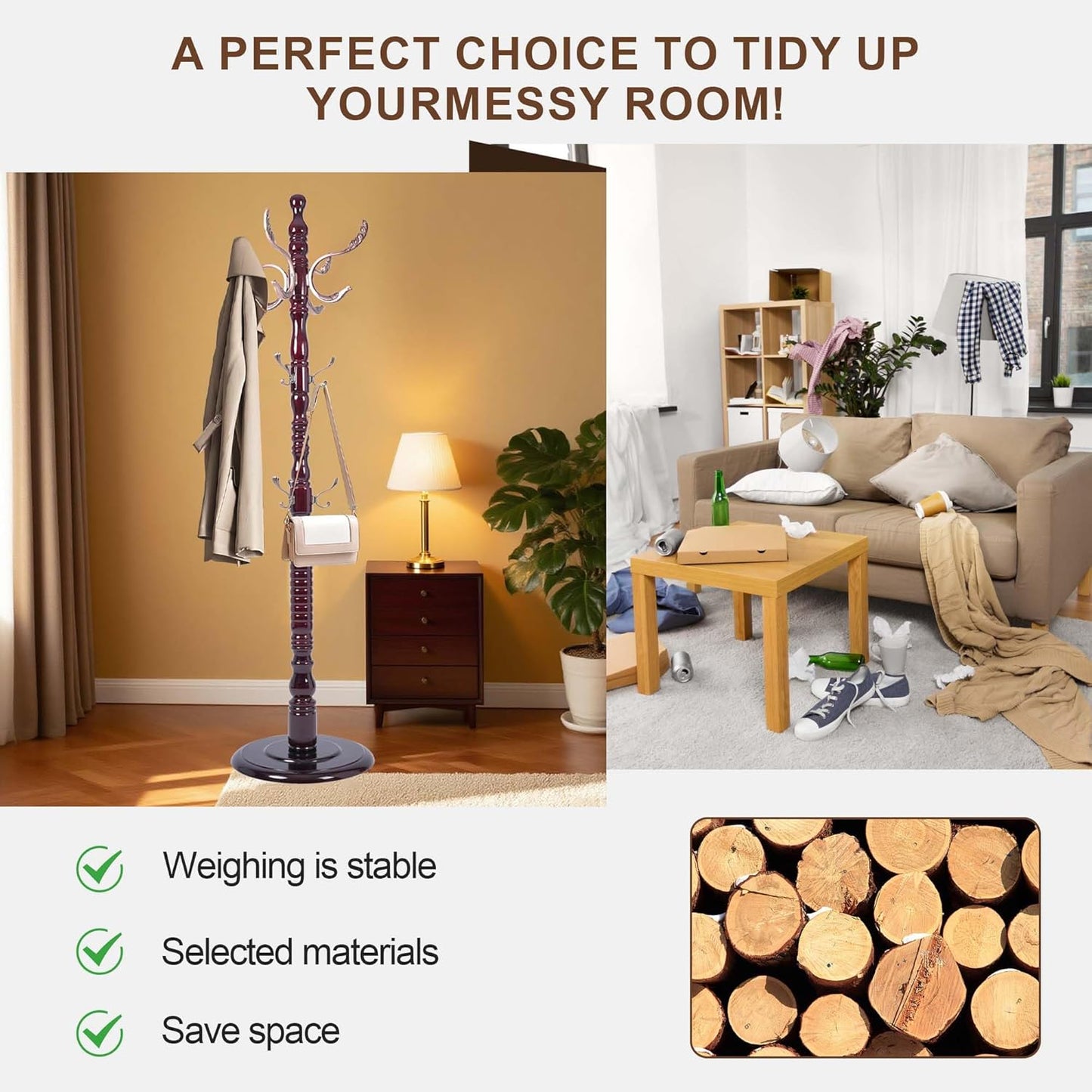 Solid Wood Coat Rack Stand with 20 Hooks, Vintage Coat Rack Freestanding with Heavy Duty Base, 3 Adjustable Height Coat Hanger Stand Hall Tree Fits Entryway Bedroom Office for Coat,Bag,Hat