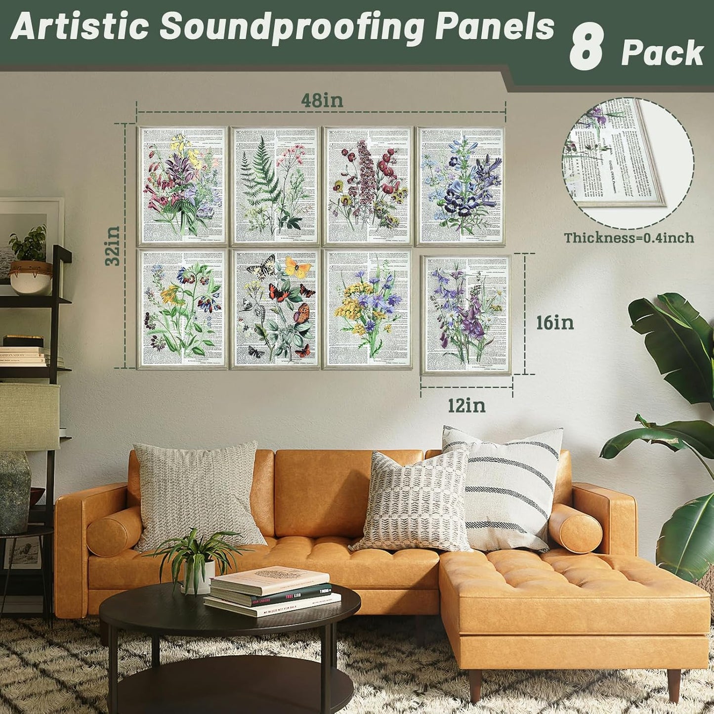8 Pack Art Acoustic Panels, 48"x32" Soundproof Wall Panels, Decorative Sound Absorbing Panels with Self Adhesive, Sound Dampening Panels, Acoustic Treatment for Home, Office, Studio(Flower)