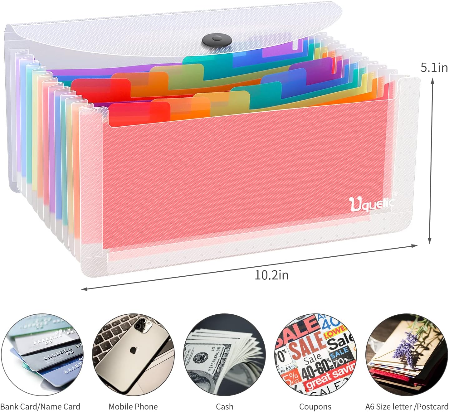 Uquelic Stand Receipt Organizer Folder - 13 Pockets Expanding Accordion Coupon Organizer, Envelope Organizer, Rainbow Large Capacity Sticker Organizer, Small Envelope Organizer with Label, 10 x 5 inch