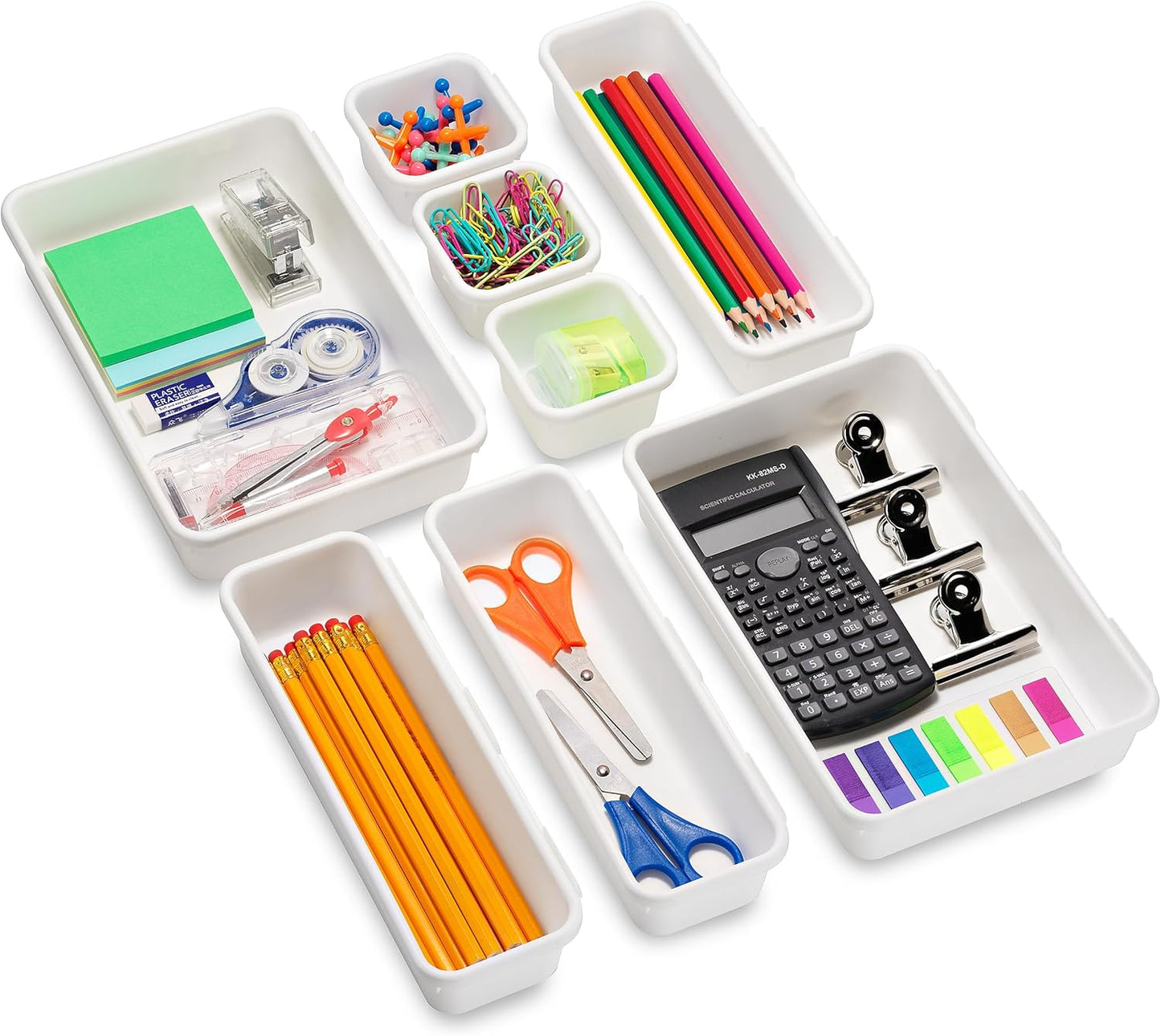 Masirs Interlocking Drawer Organizer Bins - Durable Plastic, Various Sizes for Custom Layout Design. Great for Desk Drawer, Tool Box or Garage Organization. (White | 8-Piece Set)