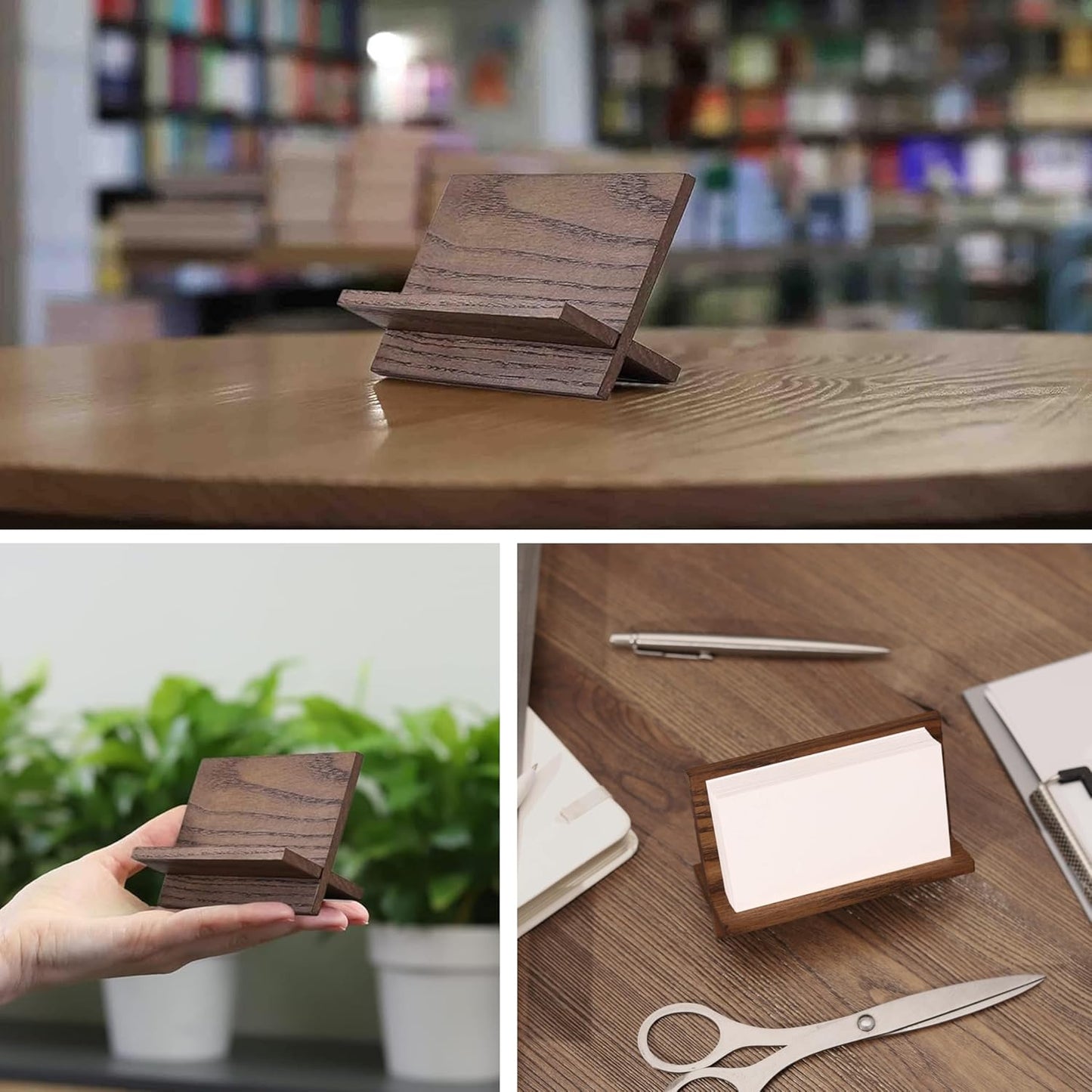 Set of 3 Business Card Holders for Desk - Brown Wood Small Cards Holder, Professional Desktop Business Card Stand Display, Wooden Name Card Holder
