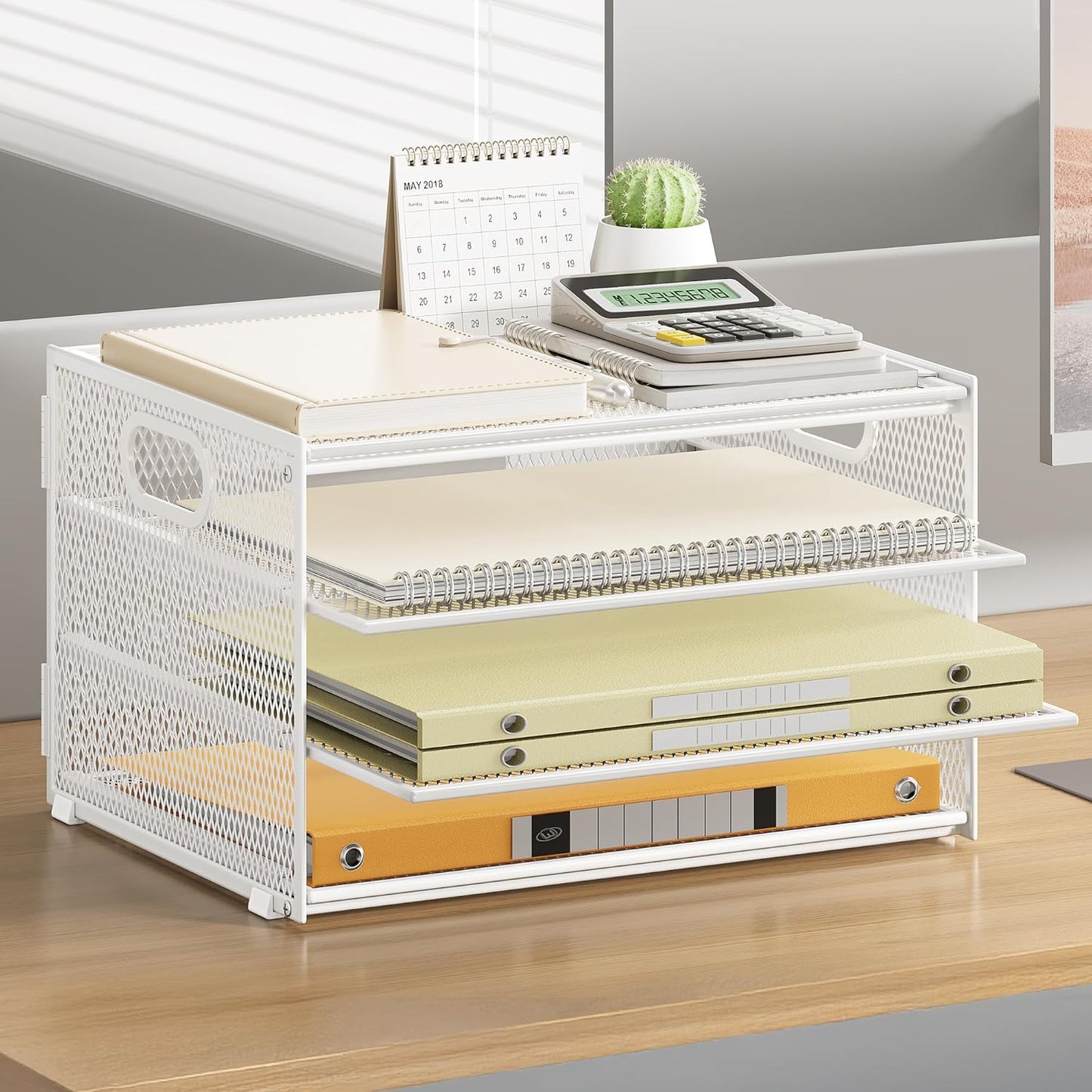 Subekyu Paper Letter Tray Organizer for Desk, White Metal Mesh Desk File Sorter Organizer with Handle and 2 Sliding Trays for Home Office School Supplies Organization