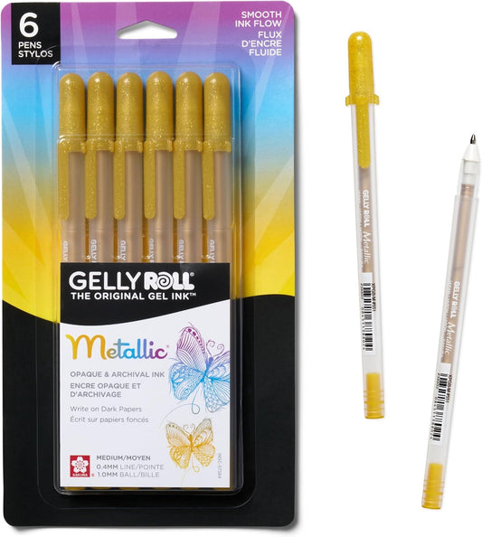 SAKURA Gelly Roll Metallic Gel Pens - Pens for Scrapbook, Journals, or Drawing - Metallic Gold Ink - Medium Line - 6 Pack