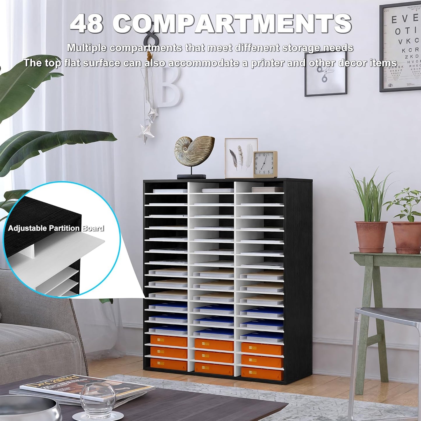 Mail Sorter Wood Literature Organizer, Student Mailbox for Classroom, Desktop Bill Paper sorter for Office Home School, 48 Compartments, White