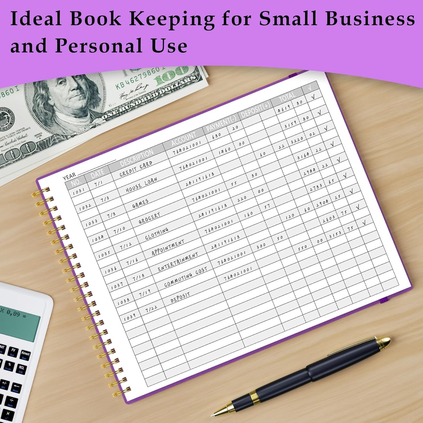 Accounting Ledger Book for Small Business & Personal Use, Horizontal Expense Tracker Notebook Ledger Book for Bookkeeping, Financial Income and Expense Log Book 10.2" x 8", Dark Purple