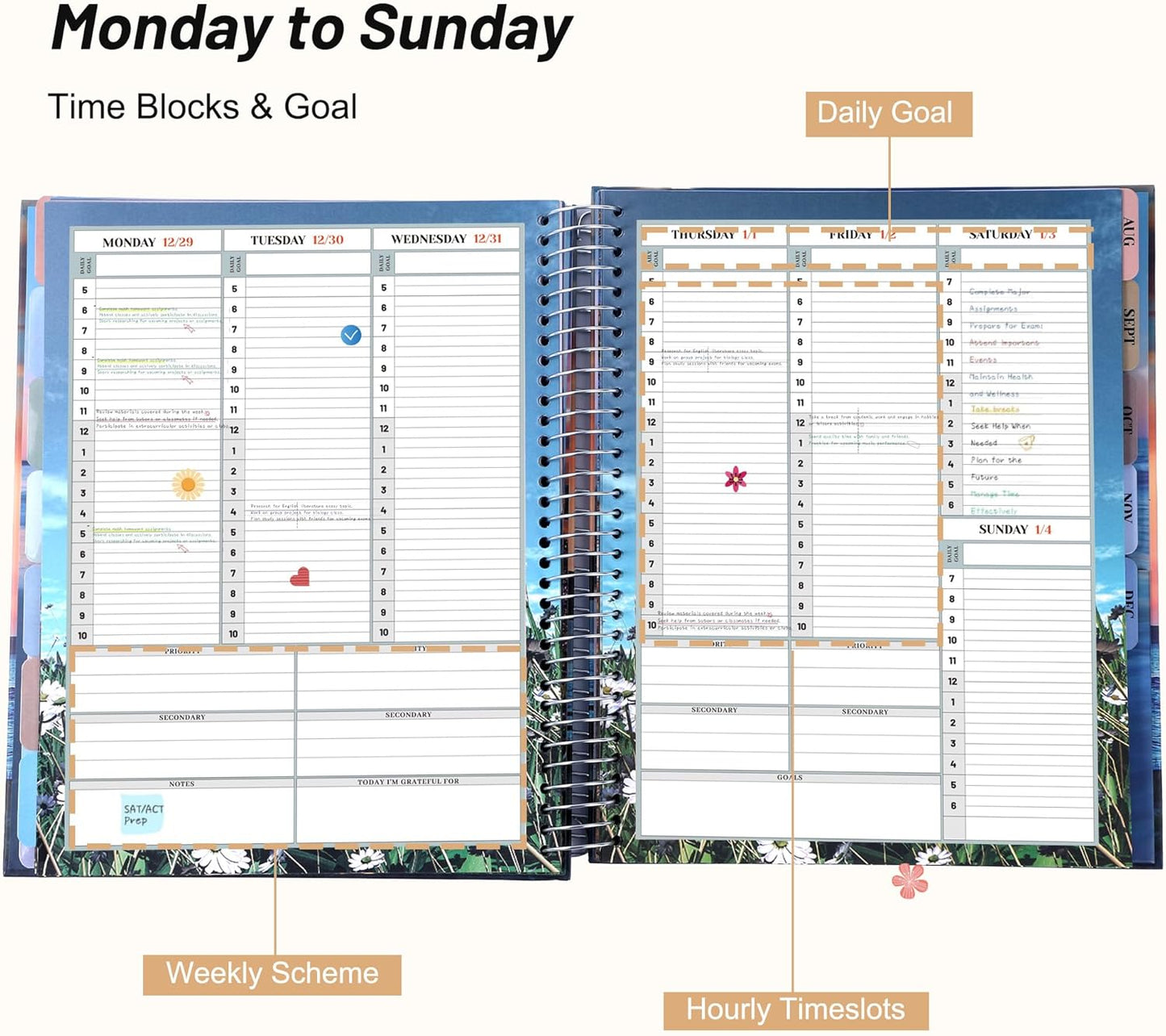 CAGIE Planner 2026 Monthly (Jan. 26-Dec. 26), 12 Month Academic Planner 8.5"x11", Large Daily Planner with Hourly Timeslot, Monthly Tab, Spiral Binding, Bookmark
