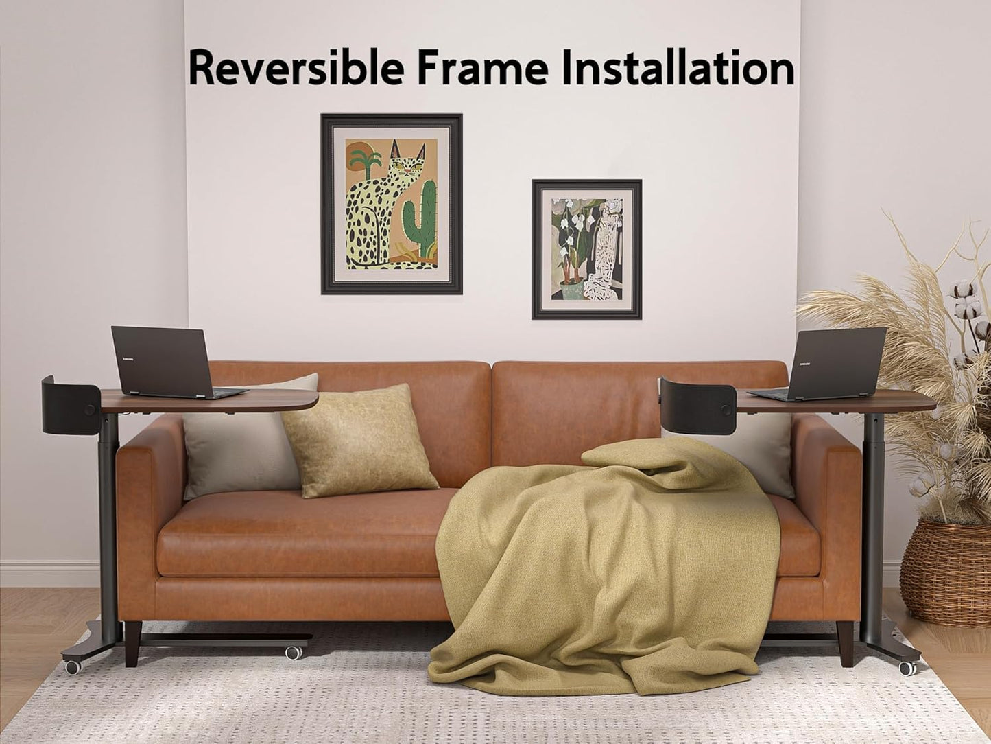 Rolling Adjustable Height Desk with Drawer and Wheels, Portable Small Standing Desk Pneumatic for Home Office, Mobile Computer Laptop Desk Cart, Medical Sofa Overbed Table, Black Walnut