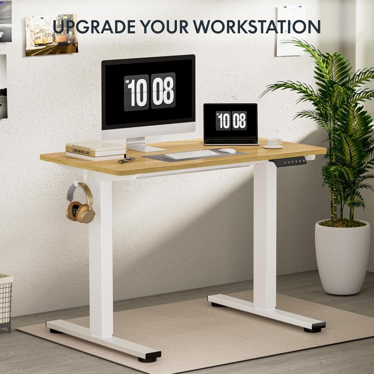 FLEXISPOT EN1 Whole-Piece Standing Desk, 48 x 24 Inches Height Adjustable Desk Stand up Desk Home Office Table for Computer Laptop (White Frame + Maple Desktop)