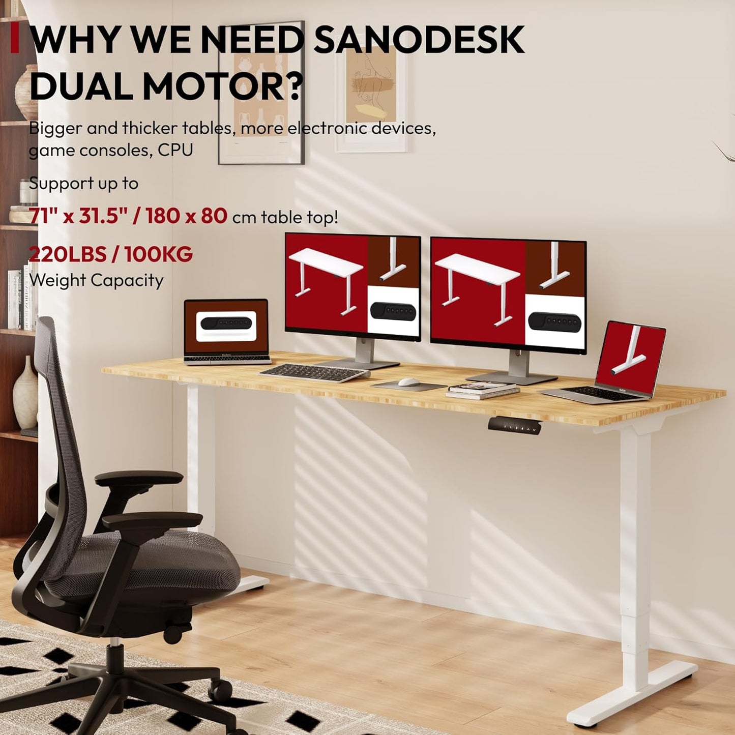 Standing Desk with Dual Motor, 3-Stage Lifting Column, Handset with 3 Preset and Sit-Stand Reminder - 72 inch Whole Piece Real Bamboo/White Frame, Height Adjustable Desk for Home and Office