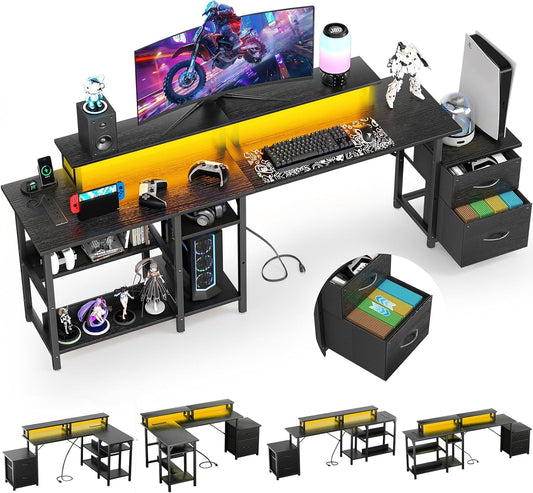 YOUNGAR 69.3" Computer Desks with Storage, Reversible L Shaped Home Office Desk, Corner Gaming Office Desk with 2 File Drawers&Power Outlet, Black