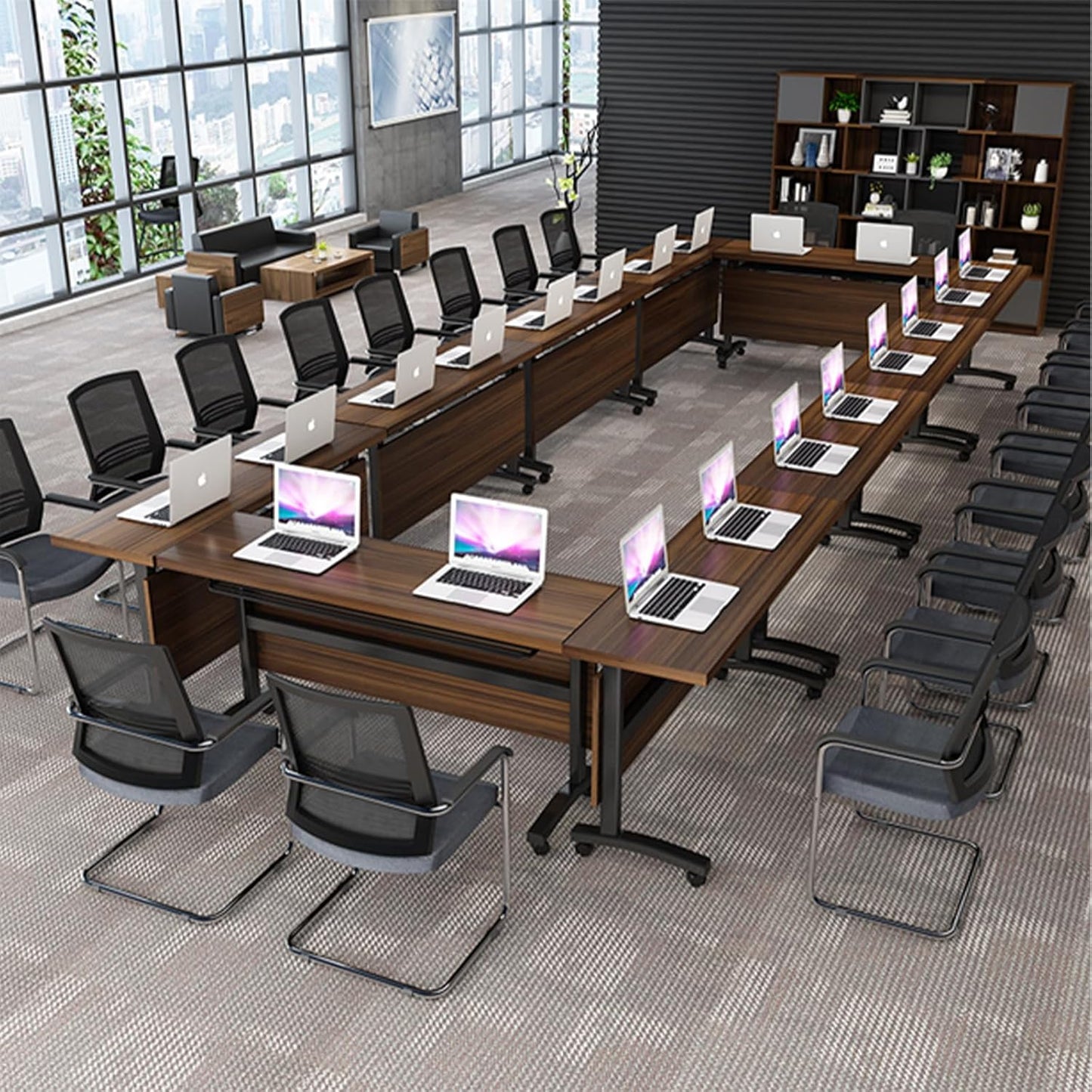 Folding Conference Table, Modern Large Conference Room Tables with Flip-Top Design, Foldable Conference Table Meeting Table with Wheels, Mobile Seminar Training Tables for Office Classroom (8, Walnut)