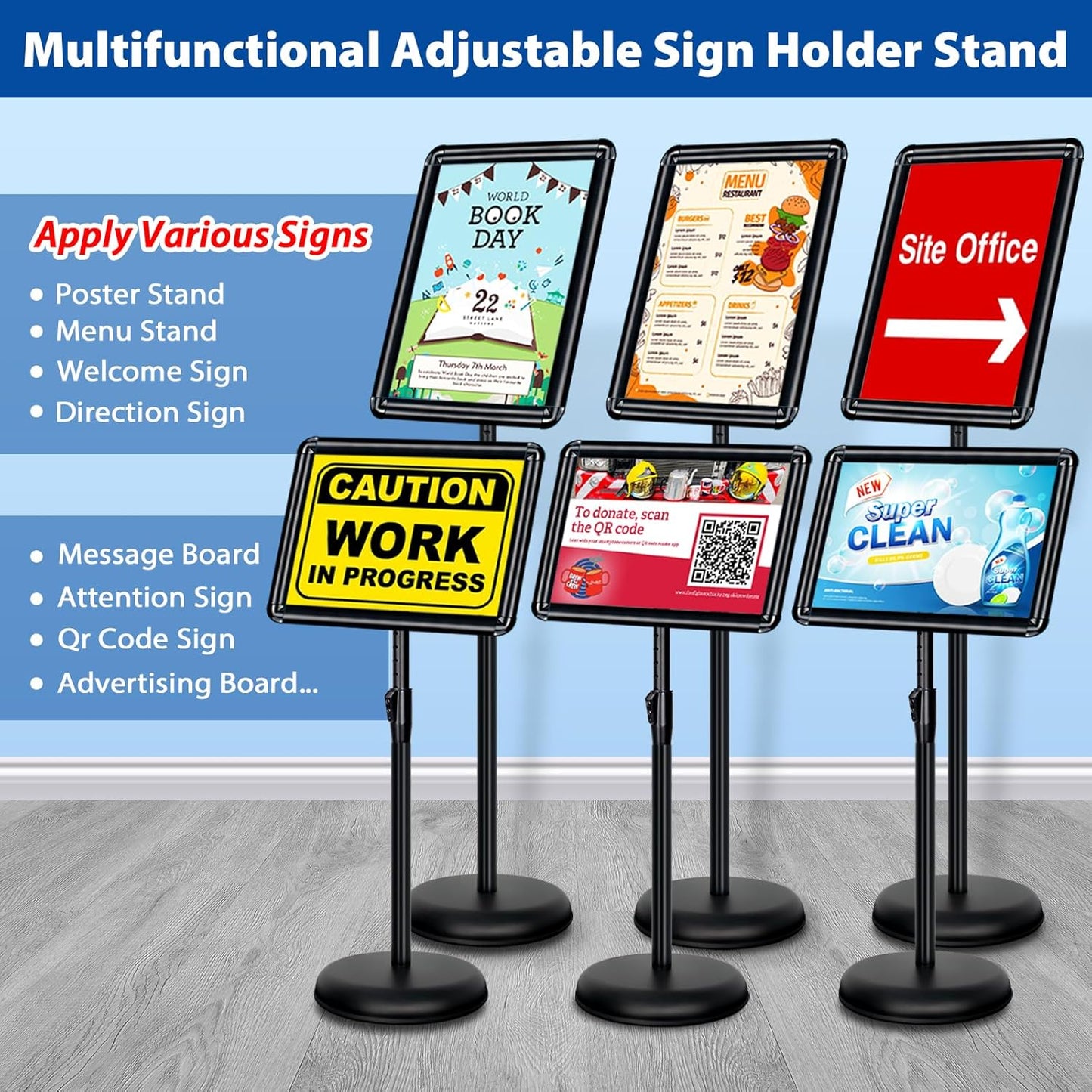 11x17 Inch Adjustable Pedestal Poster Sign Stand, Heavy Duty Floor Standing Sign Holder Stand Aluminum Snap Open Frame for Vertical and Horizontal View Sign Displayed (Black, Round)