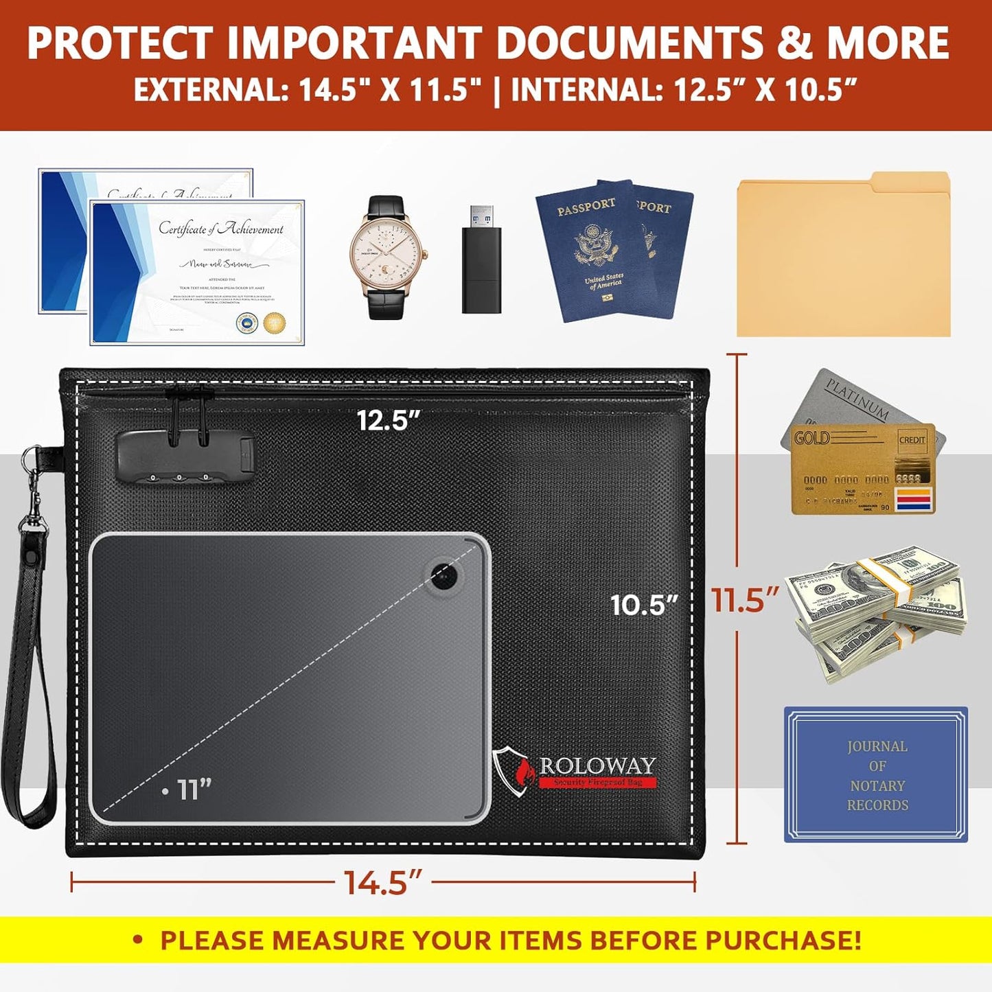 ROLOWAY Fireproof Document Bag (14.5 x 11.5 inch), 6400℉ Fireproof Money Bag with Zipper for Cash, Fire Safe Money Pouch with Lock (Black)