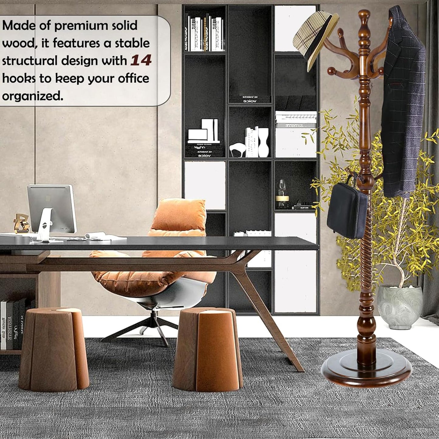 Coat Racks Free Standing with 11 Hooks, Natural Wood Coat Stands for Entryway, Adjustable Height 74 in Tree Coat Rack Stand for Hallway Home Office Bedroom (Brown Round Base)