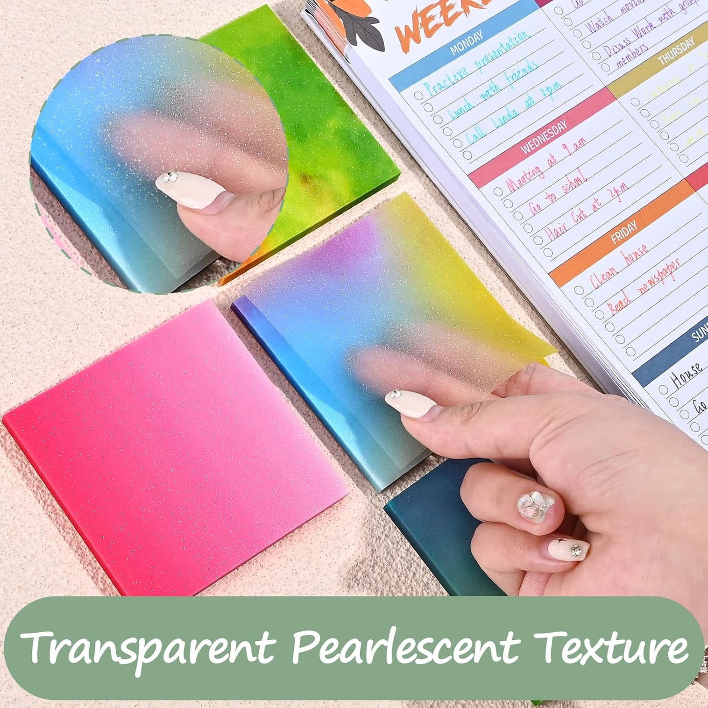 BAYTORY 500 Sheets Transparent Sticky Notes, 3 x 3 Glitter Clear Memo Pads, Translucent Self-Stick Index Tabs, See Through Self-Adhesive Note for Bible Accessories (Multicolor Gradient)