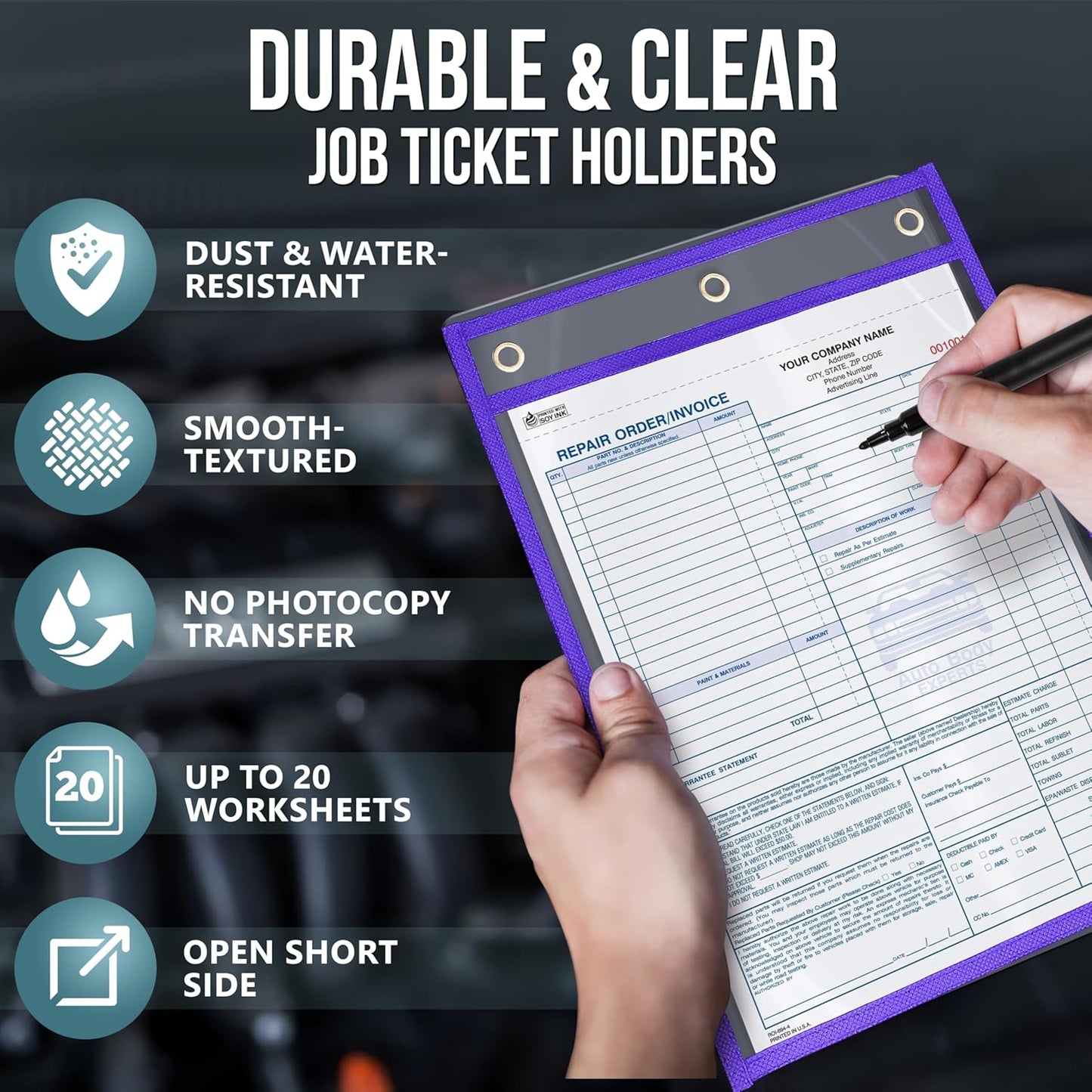 50 Pack Job Ticket Holders 9x12 inch - Colored Work Order Plastic Sleeves Shop Ticket Holders Dry Erase Pocket Sleeves Dry Erase Pockets Clear Pocket Sleeve Tickets Holder Plastic Sleeve