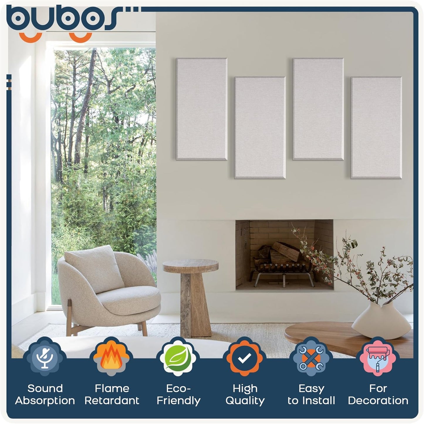 BUBOS 4 PCS Fabric Acoustic Panels,23.6''x11.8''x2'' Sound Proof Panels for Walls,Self-adhesive Soundproof Wall Panels for Echo Absorption for Home Studio Office,Standard CavityPro Linen