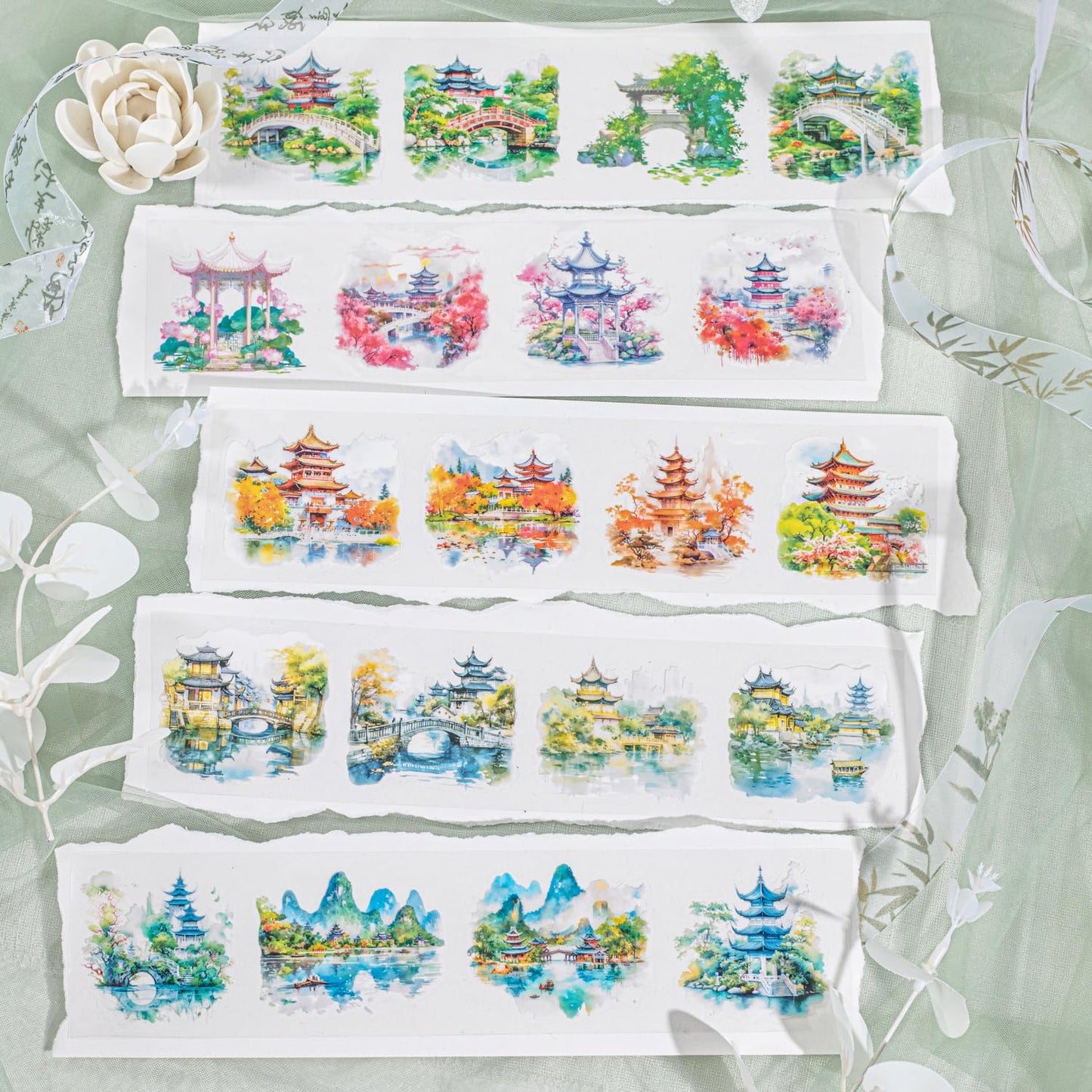 6 Rolls Garden Courtyard Landscape PET Tape Set, Pre-Cut Scenery Stickers for Journaling, Scrapbooking, and DIY Crafts, with Decorative Clip