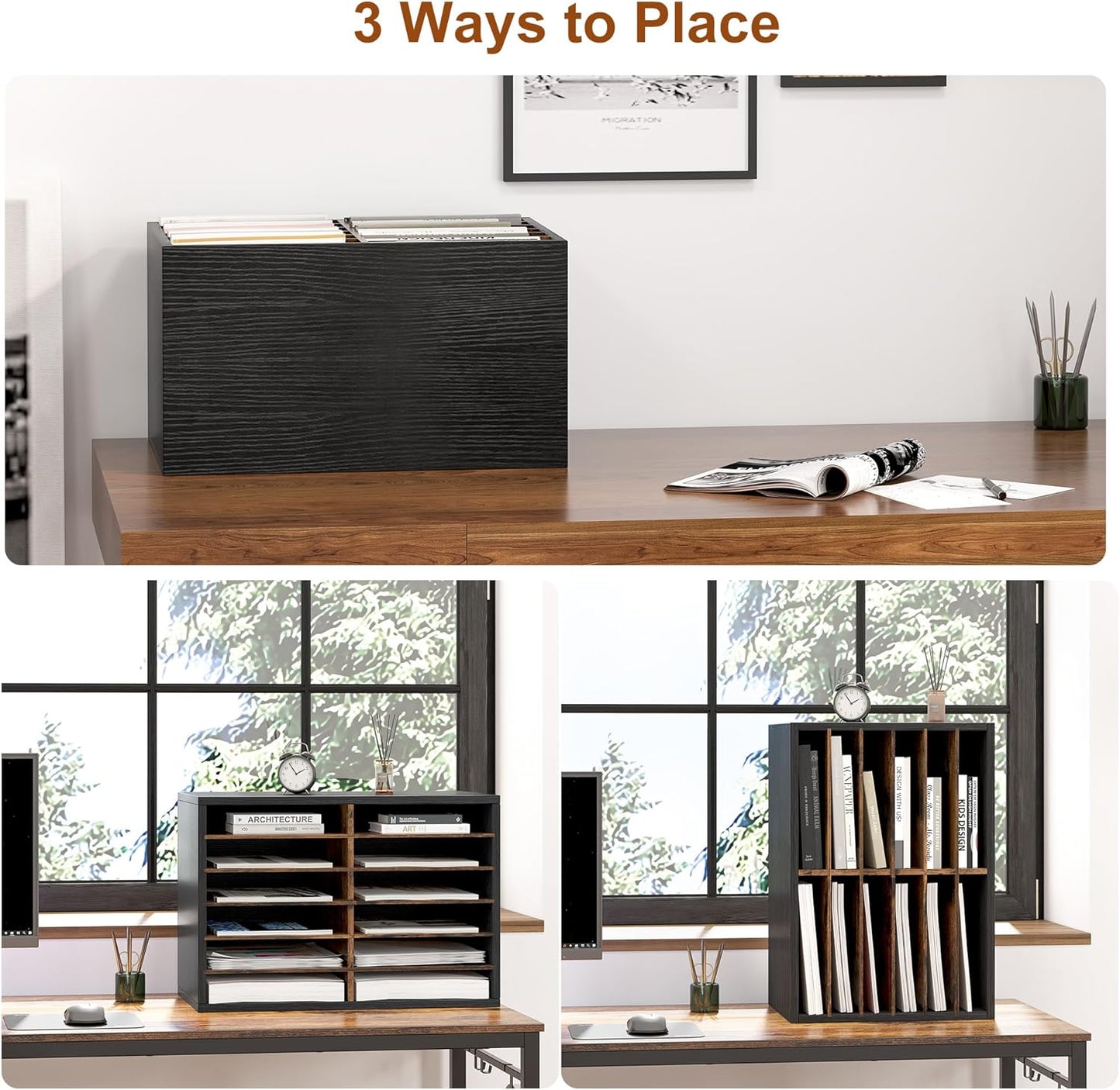 Mail Organizer Countertop, 12 Slots Wooden Desk File Literature Sorter, Adjustable Paper Storage Shelves Document Holder, Space Saving Desktop Mailbox for Office Classroom, Black/Rustic Brown